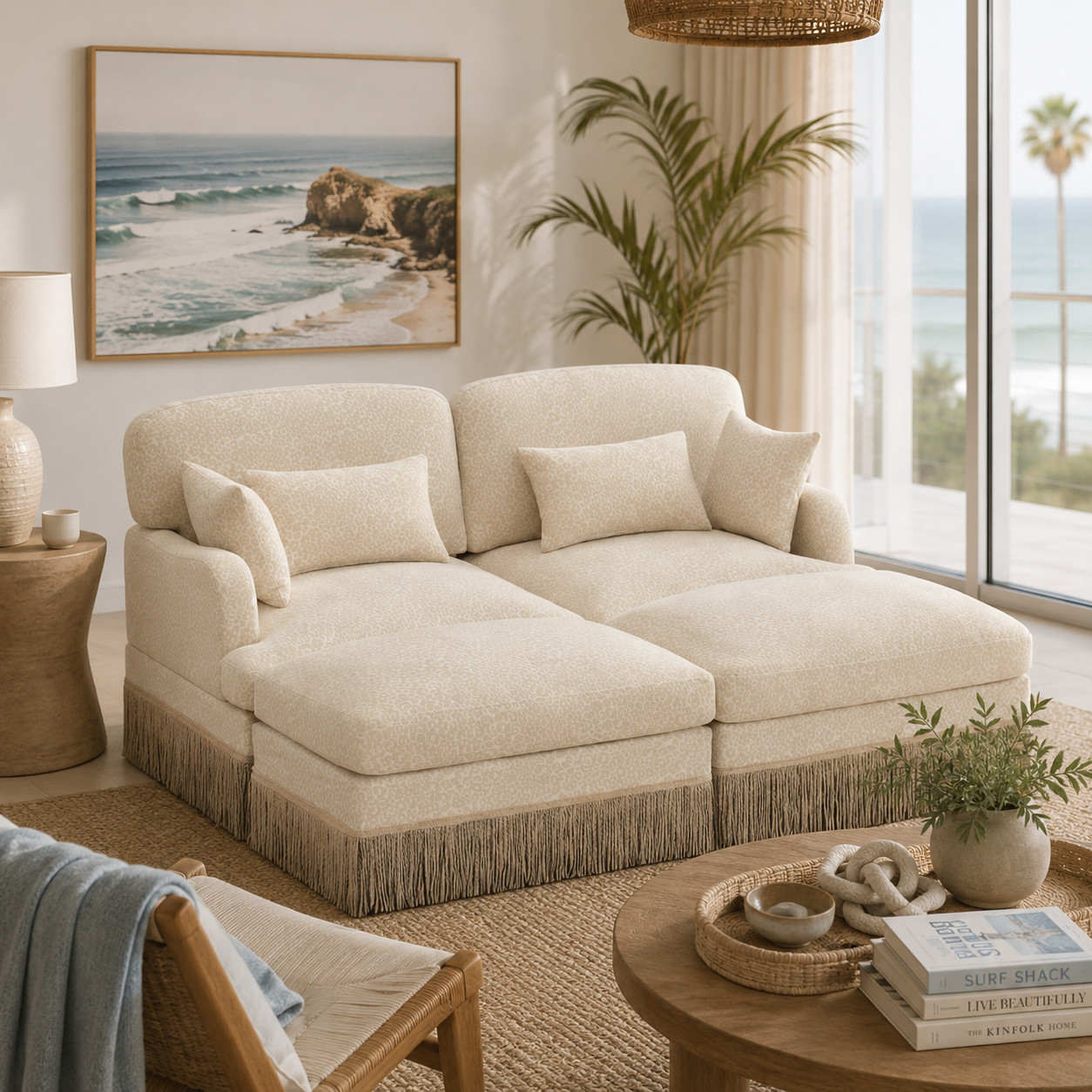 Tucson 69" 4-Piece Leopard Print Modular Sofa with Daybed Configuration and Fringe Skirt