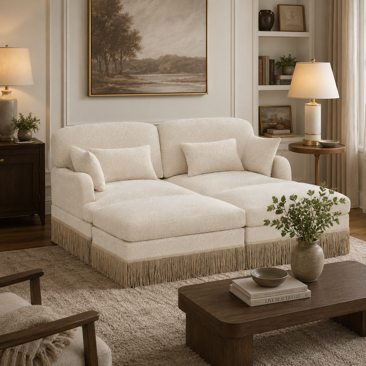 Tucson 69" 4-Piece Leopard Print Modular Sofa with Daybed Configuration and Fringe Skirt