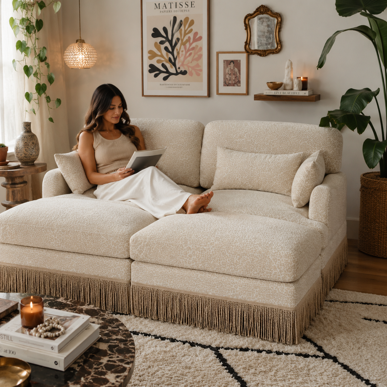 Tucson 69" 4-Piece Leopard Print Modular Sofa with Daybed Configuration and Fringe Skirt