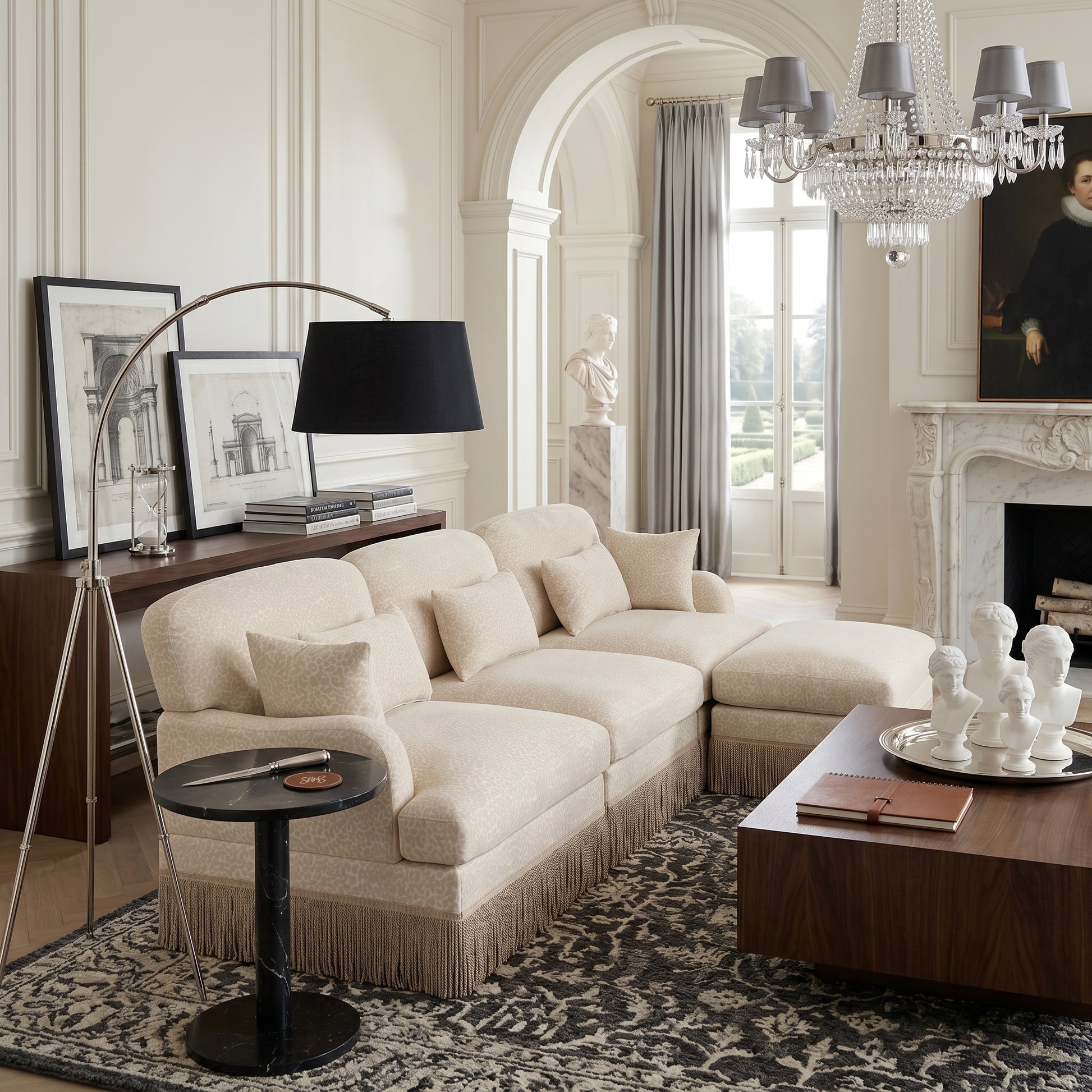 Tucson beige leopard print chenille sectional sofa with fringe trim in elegant lounge