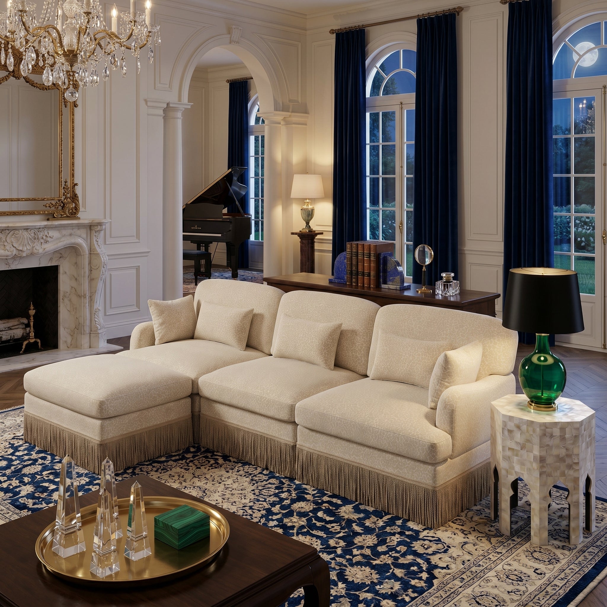 Tucson beige leopard print chenille sectional sofa beside fireplace in luxury interior