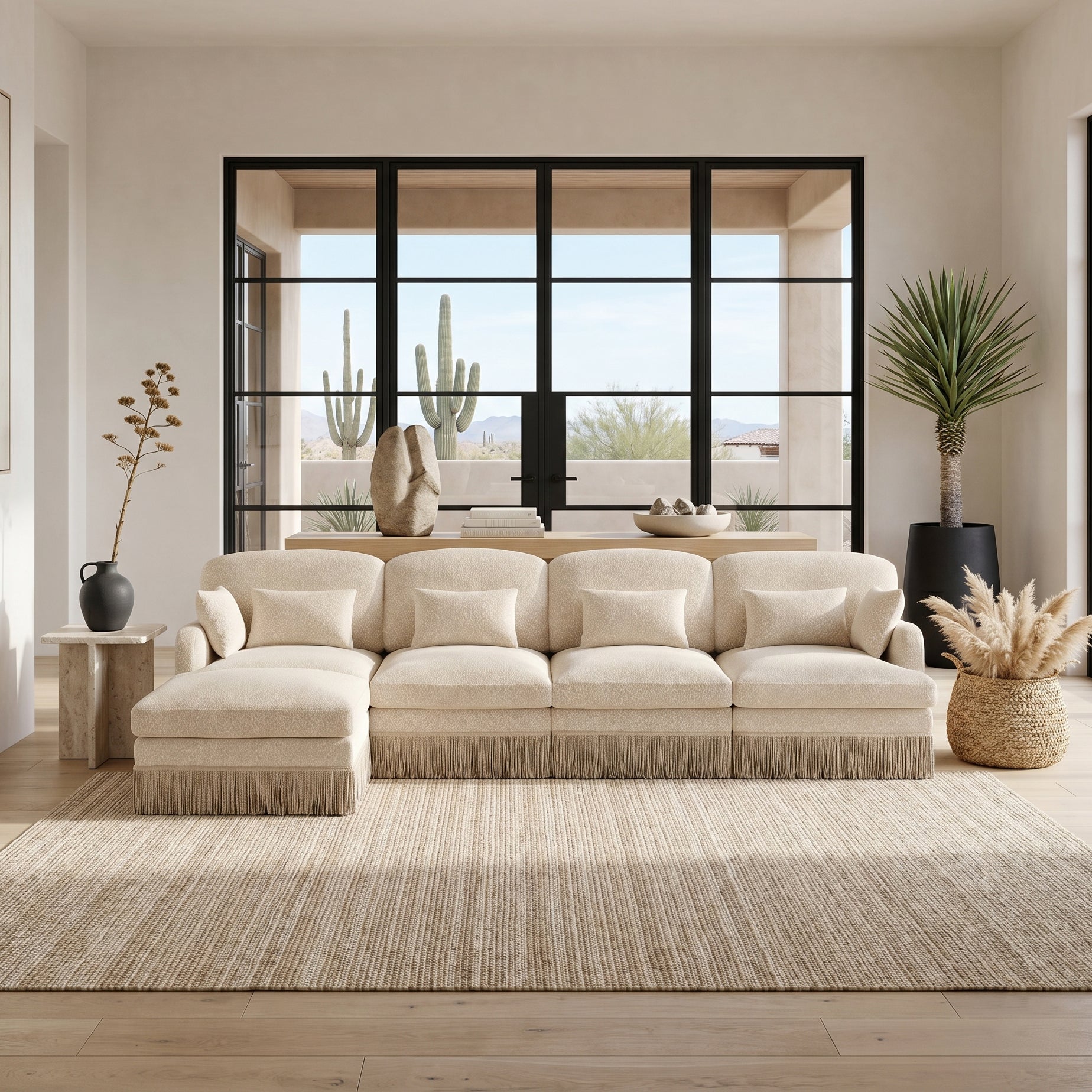 Tucson beige leopard print chenille L-shaped sectional sofa with fringe trim in modern living room