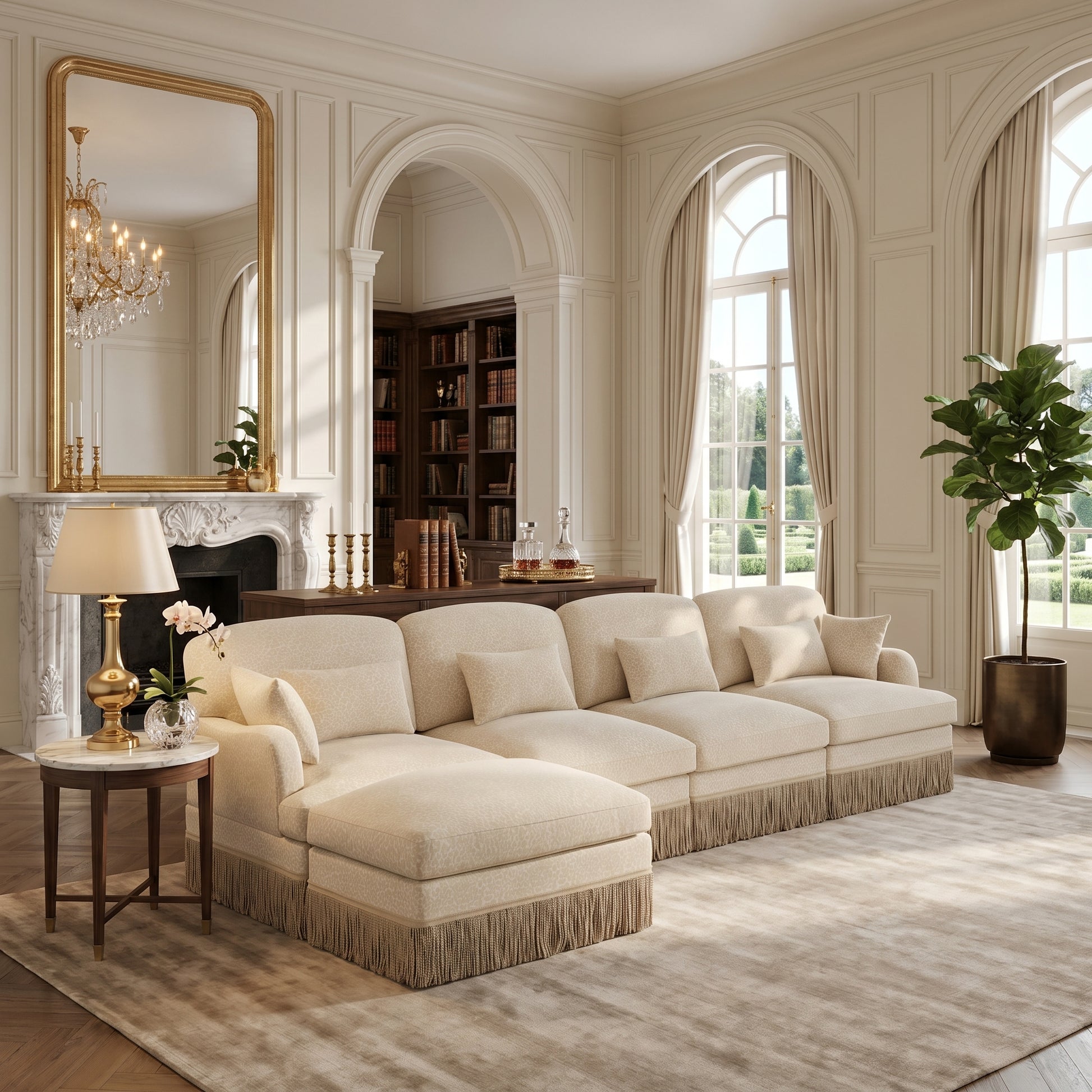 Tucson beige modular chenille sectional sofa with fringe trim in luxury lounge setting