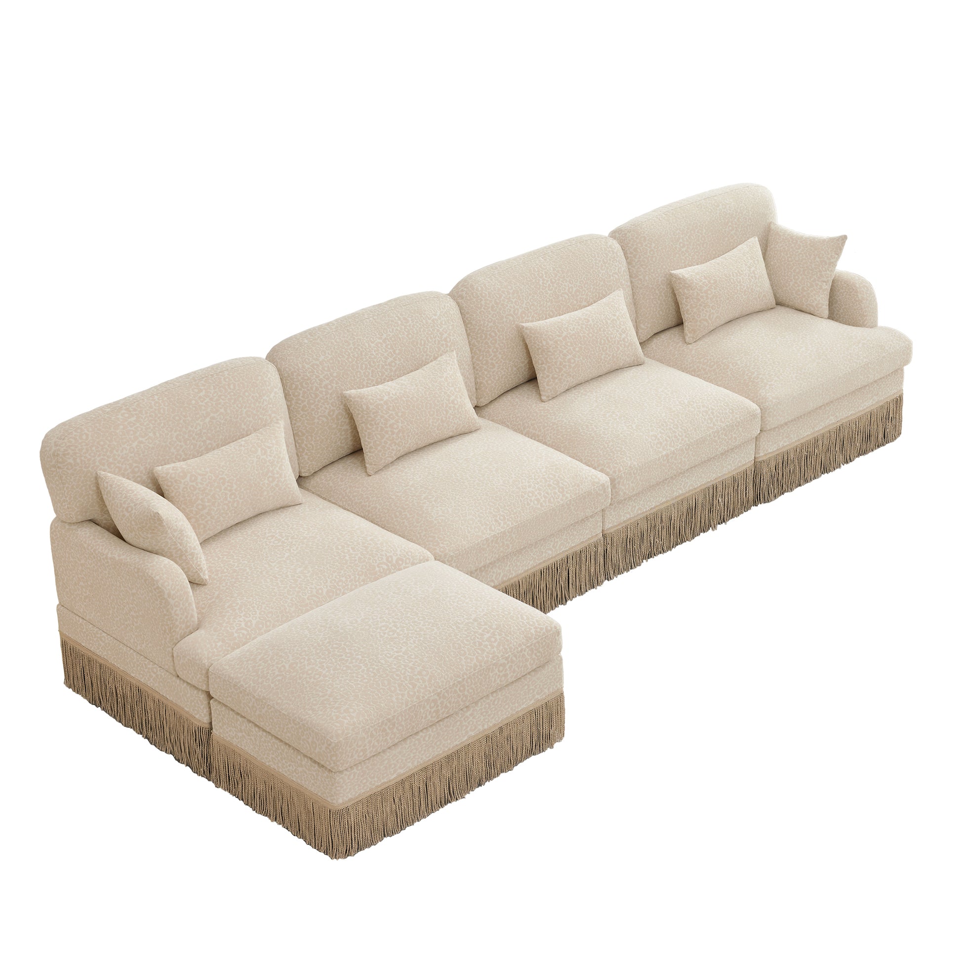 Tucson beige leopard print chenille sectional sofa top side view isolated on white background