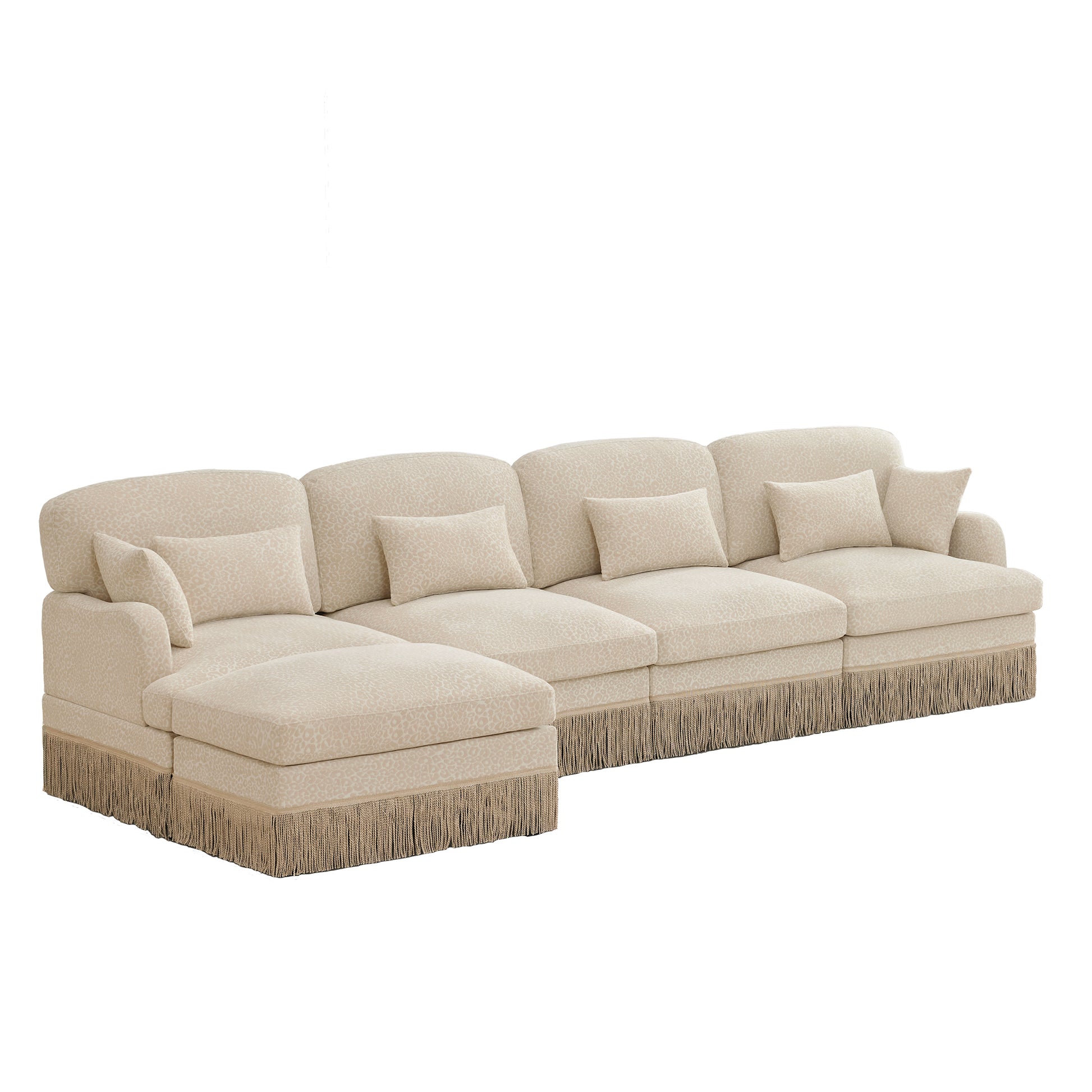 Tucson beige leopard print chenille sectional sofa angled view isolated on white background