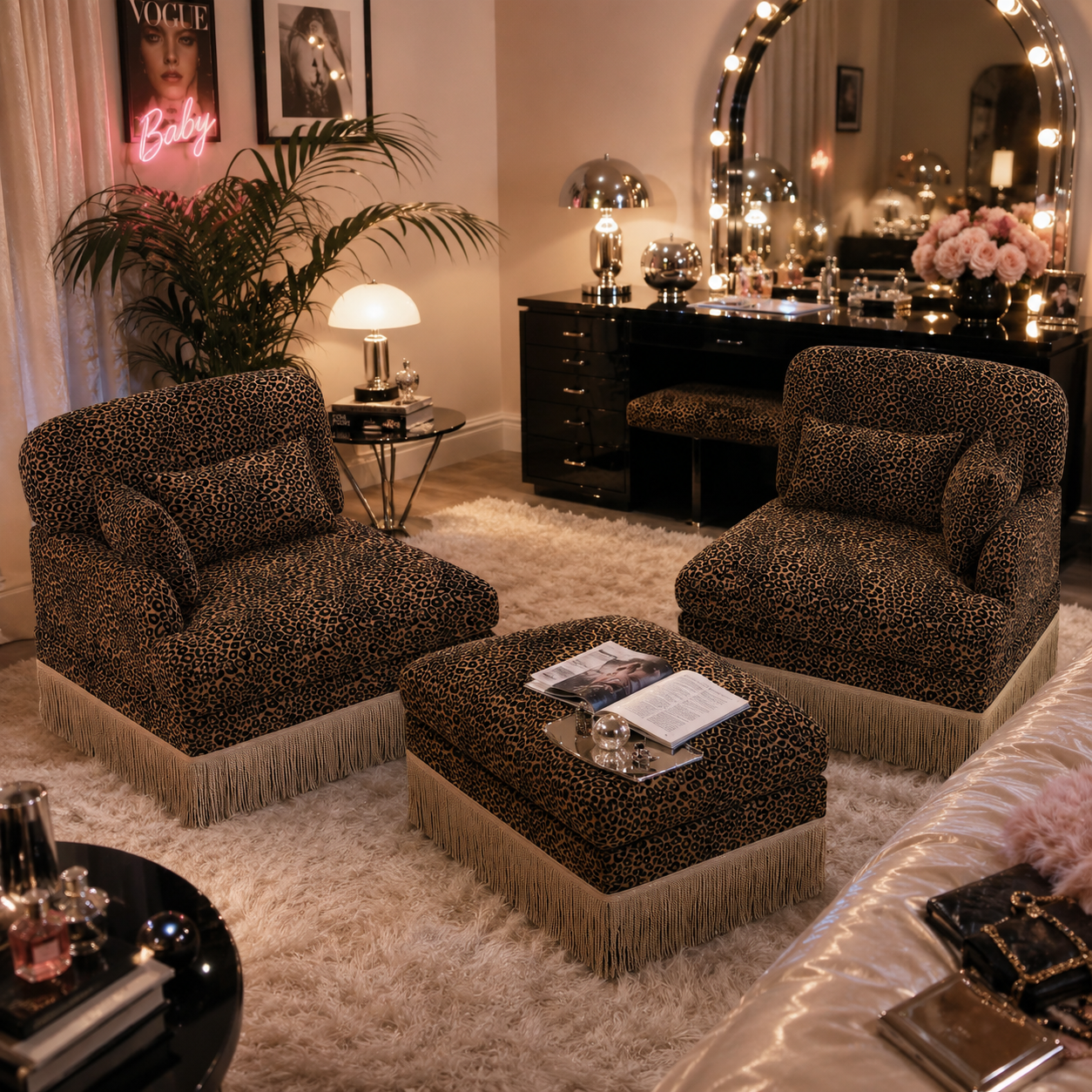 Tucson 69" Leopard Print Chenille Modular Deep Seat Loveseat Couch with Fringe Skirt