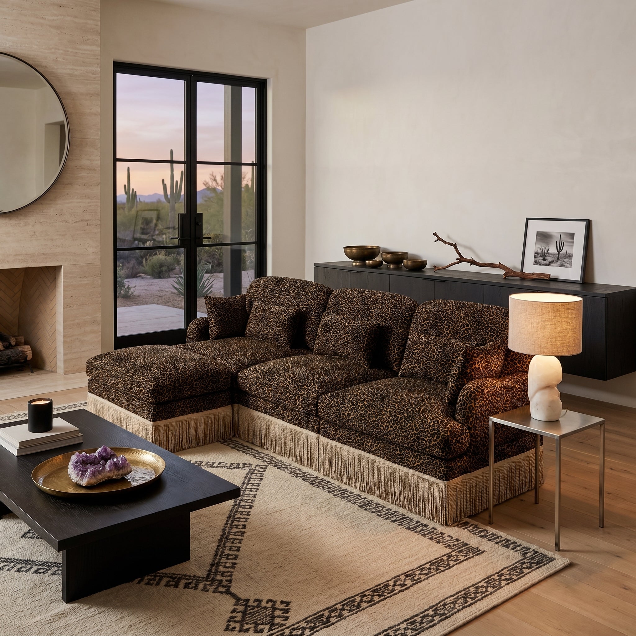 Tucson brown leopard print chenille sectional sofa in modern living room setting