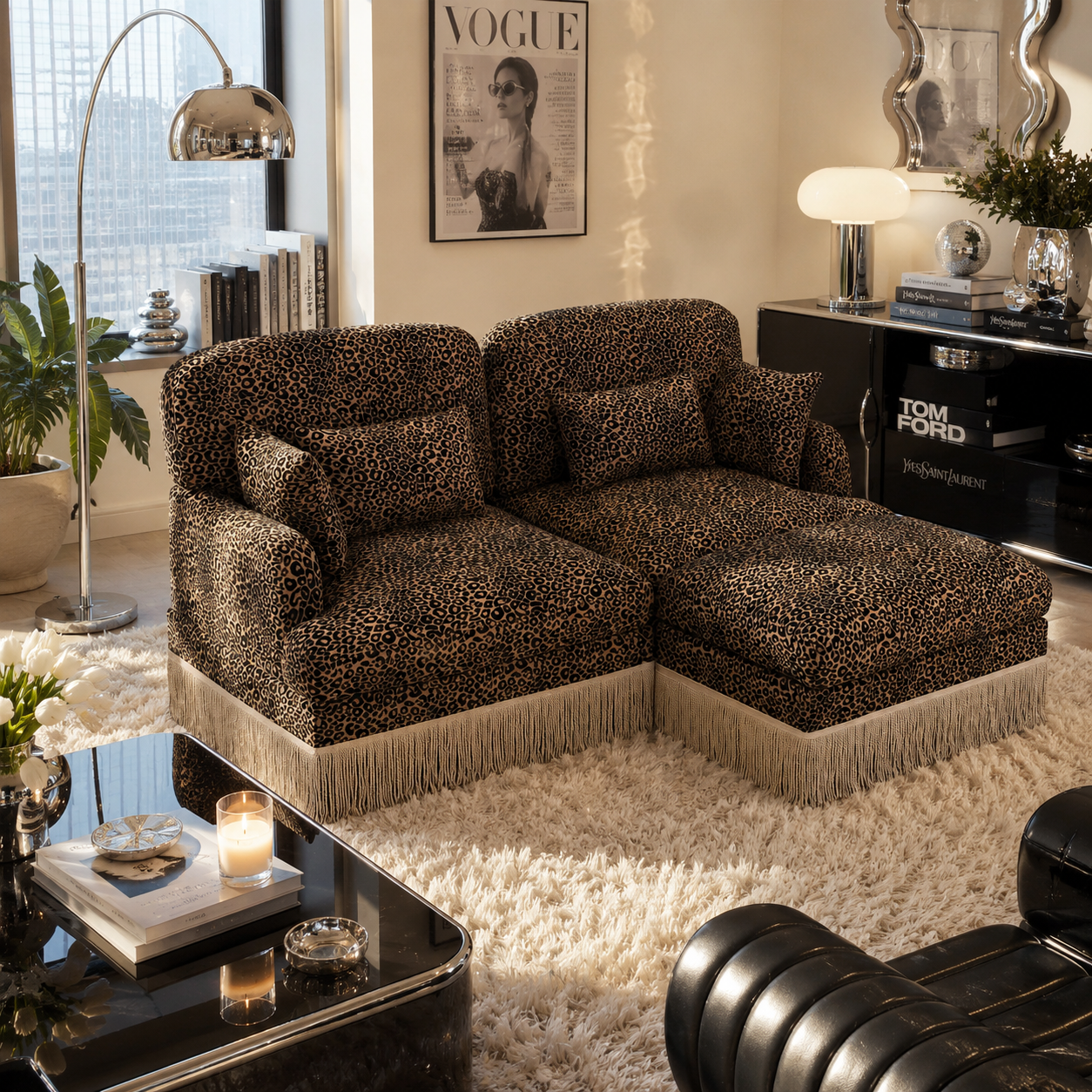 Tucson 69" Leopard Print Chenille Modular Deep Seat Loveseat Couch with Fringe Skirt