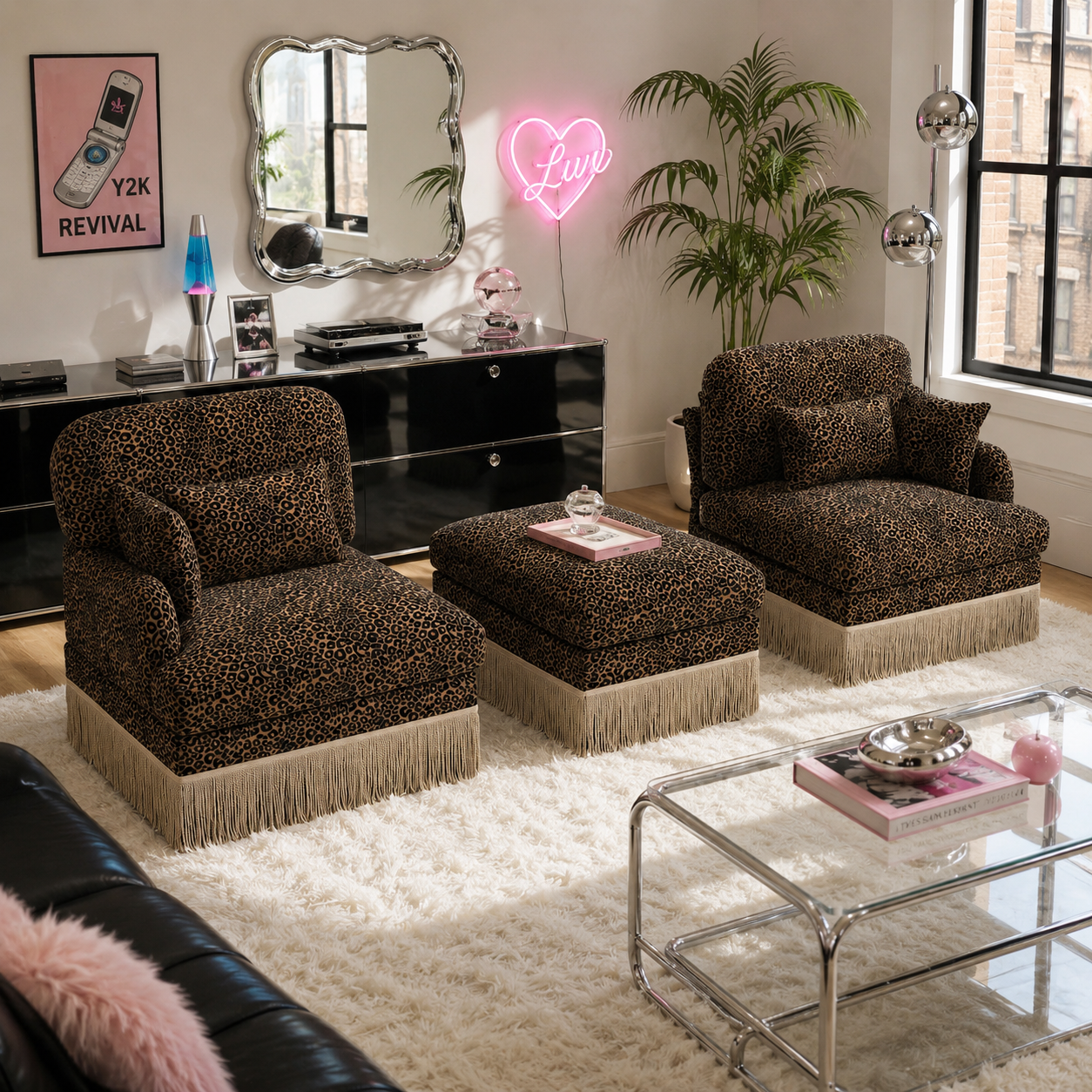 Tucson 69" Leopard Print Chenille Modular Deep Seat Loveseat Couch with Fringe Skirt