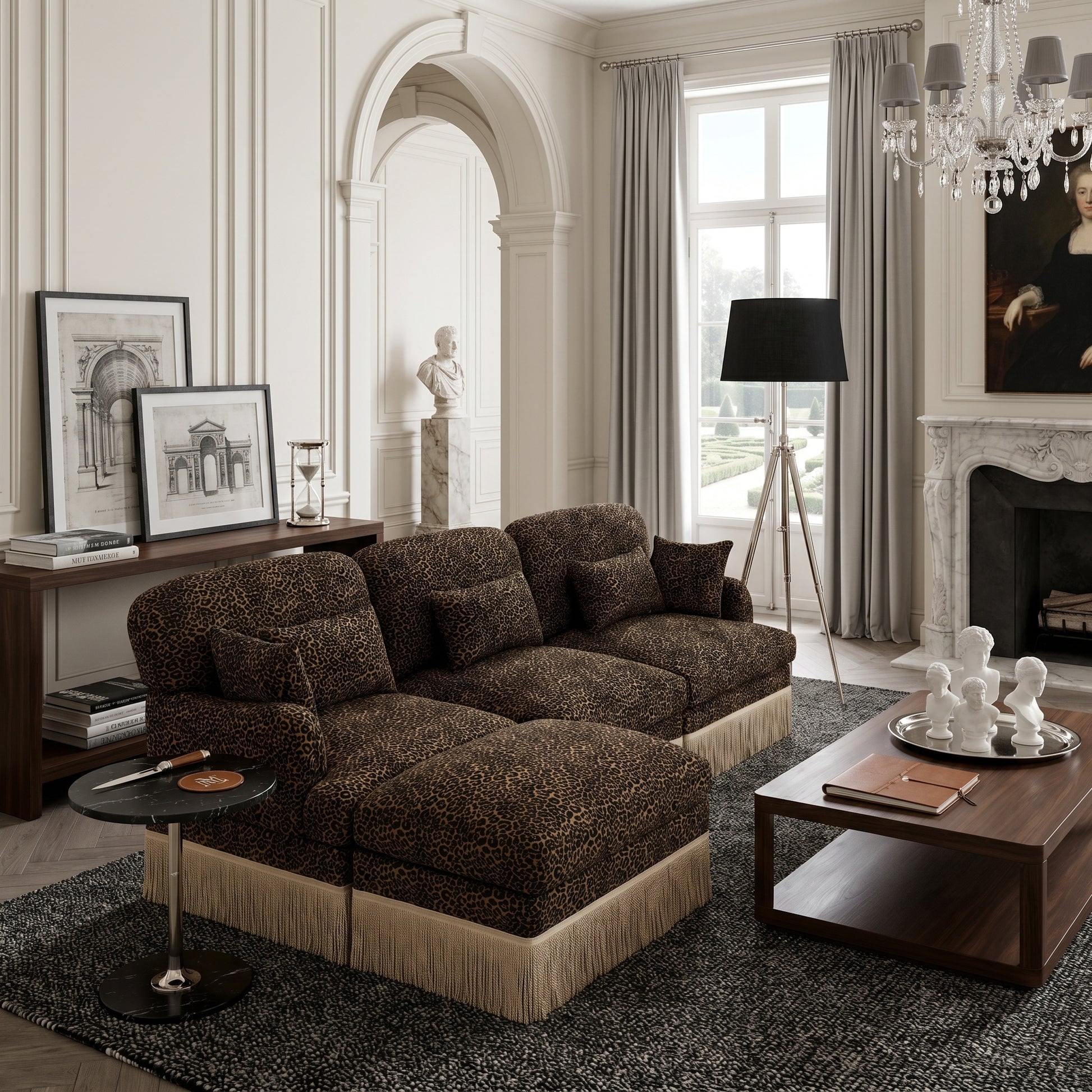 Tucson brown leopard print chenille L-shaped sectional sofa in elegant lounge interior