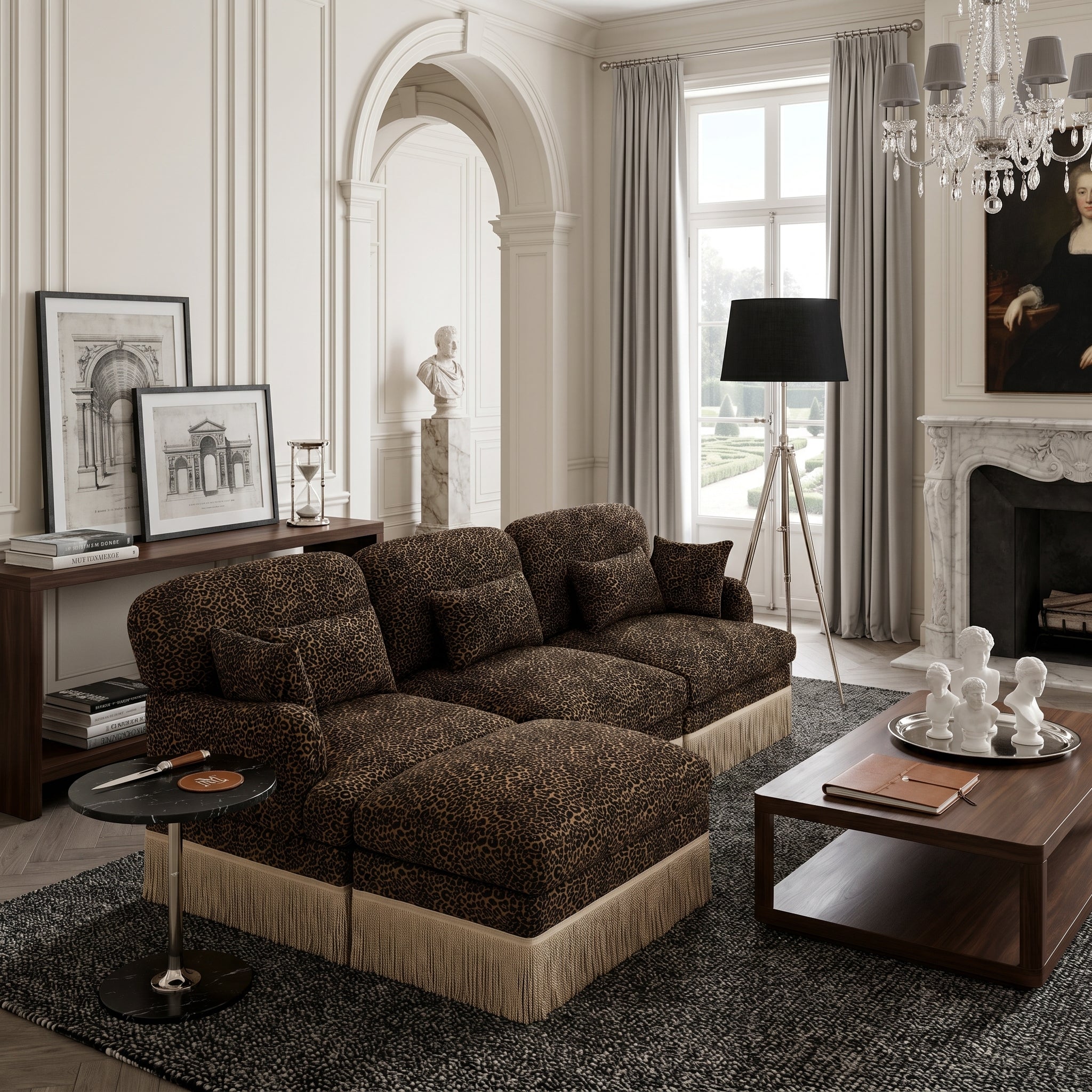 Tucson brown leopard print chenille L-shaped sectional sofa in elegant lounge interior