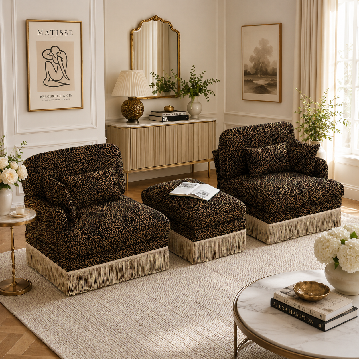 Tucson 69" Leopard Print Chenille Modular Deep Seat Loveseat Couch with Fringe Skirt