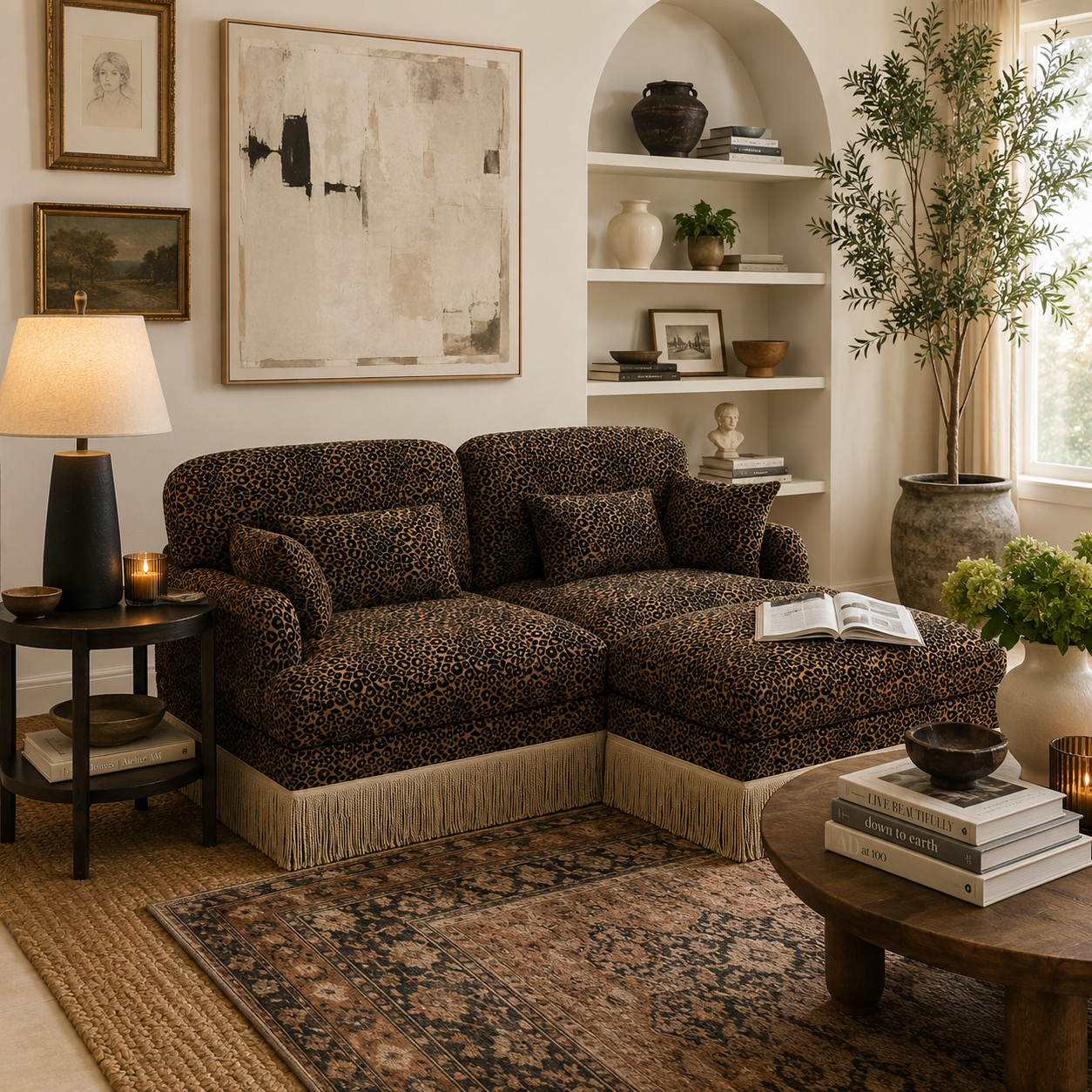 Tucson 69" Leopard Print Chenille Modular Deep Seat Loveseat Couch with Fringe Skirt