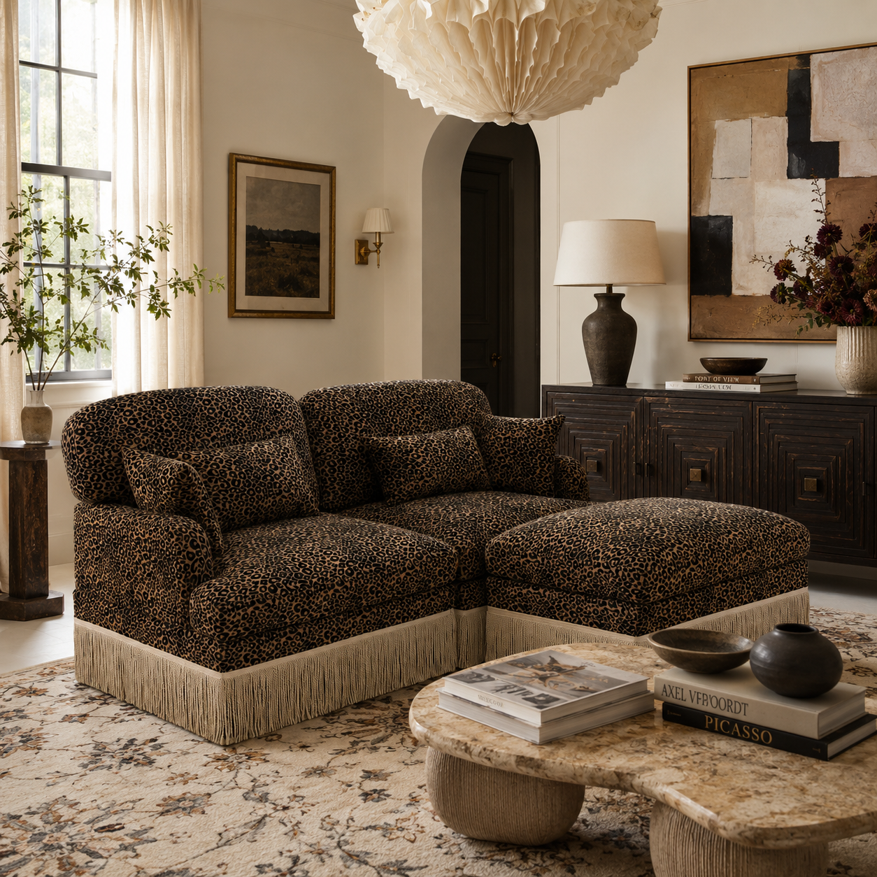 Tucson 69" Leopard Print Chenille Modular Deep Seat Loveseat Couch with Fringe Skirt