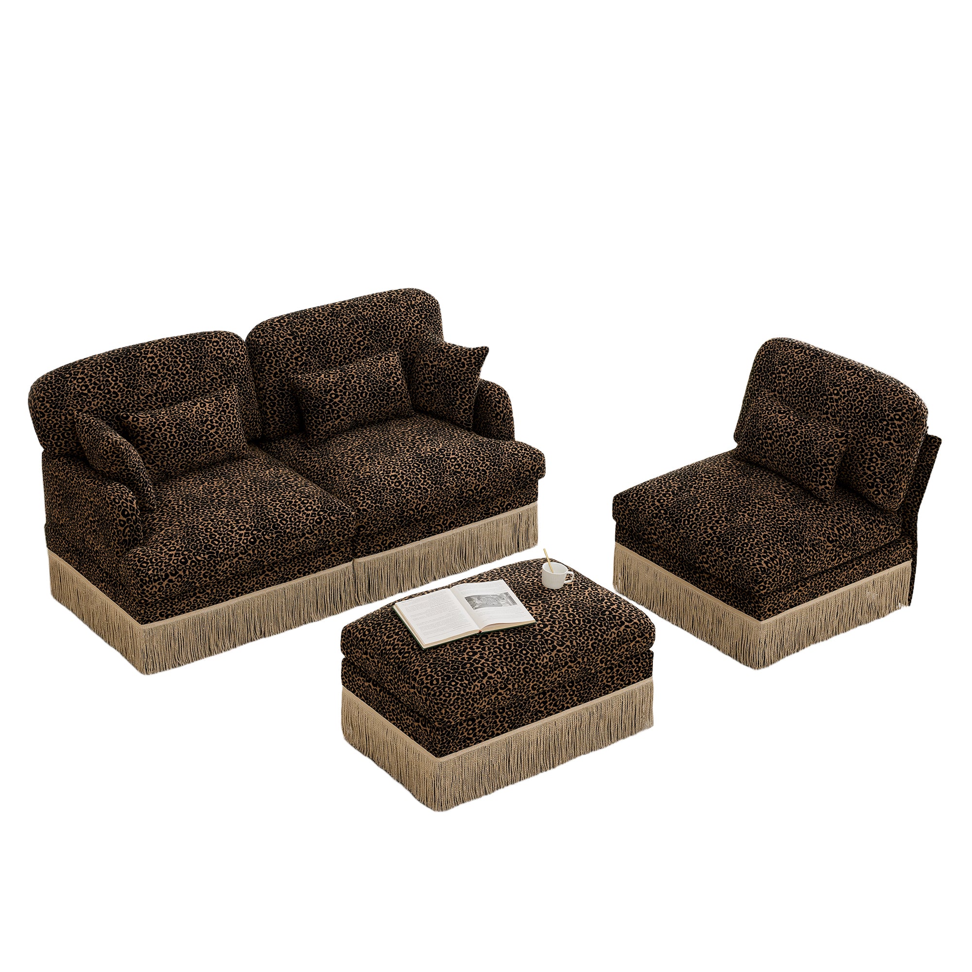 Tucson brown leopard print chenille sectional sofa modular pieces isolated on white background