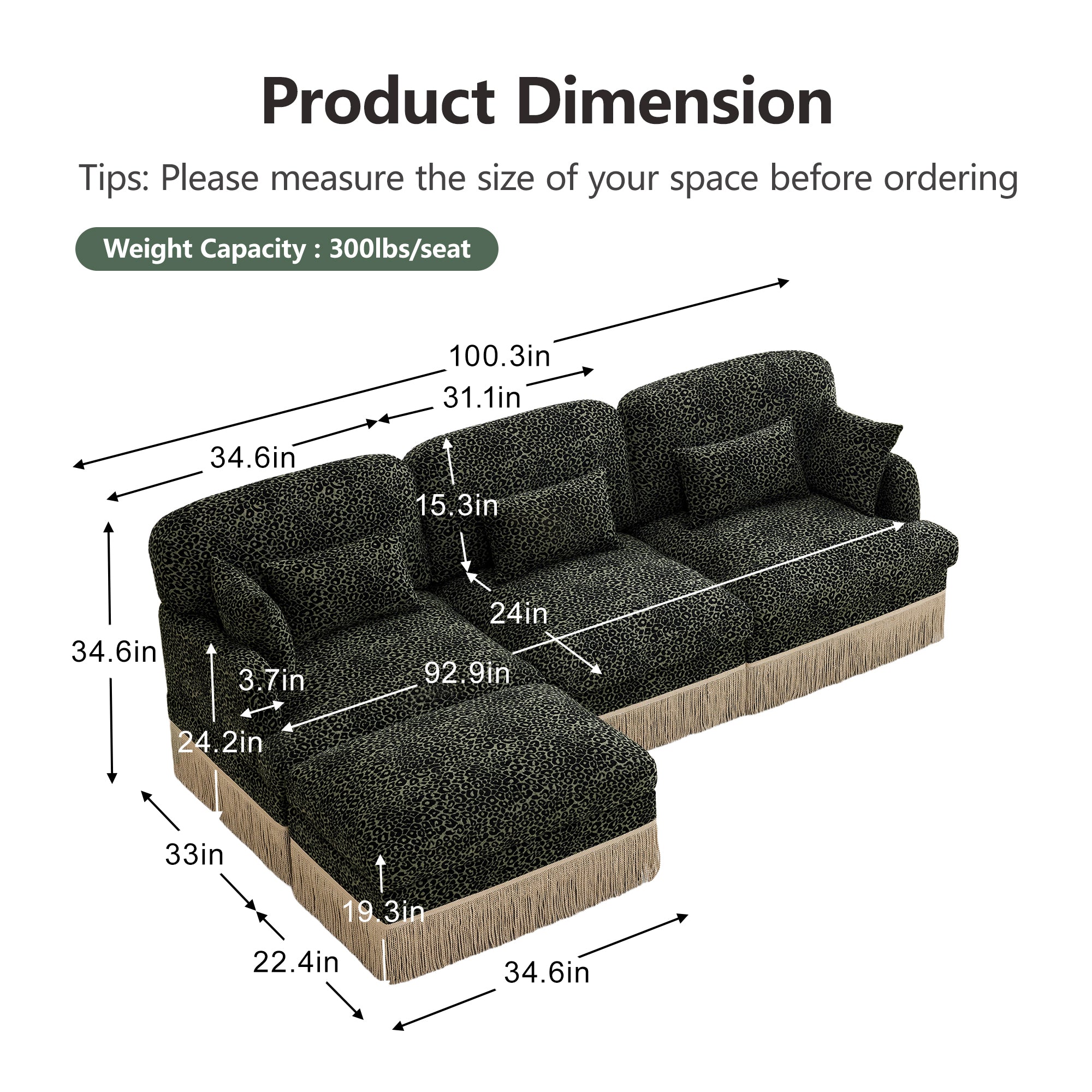 Tucson green leopard print chenille L-shaped sectional sofa with ottoman dimensions overview