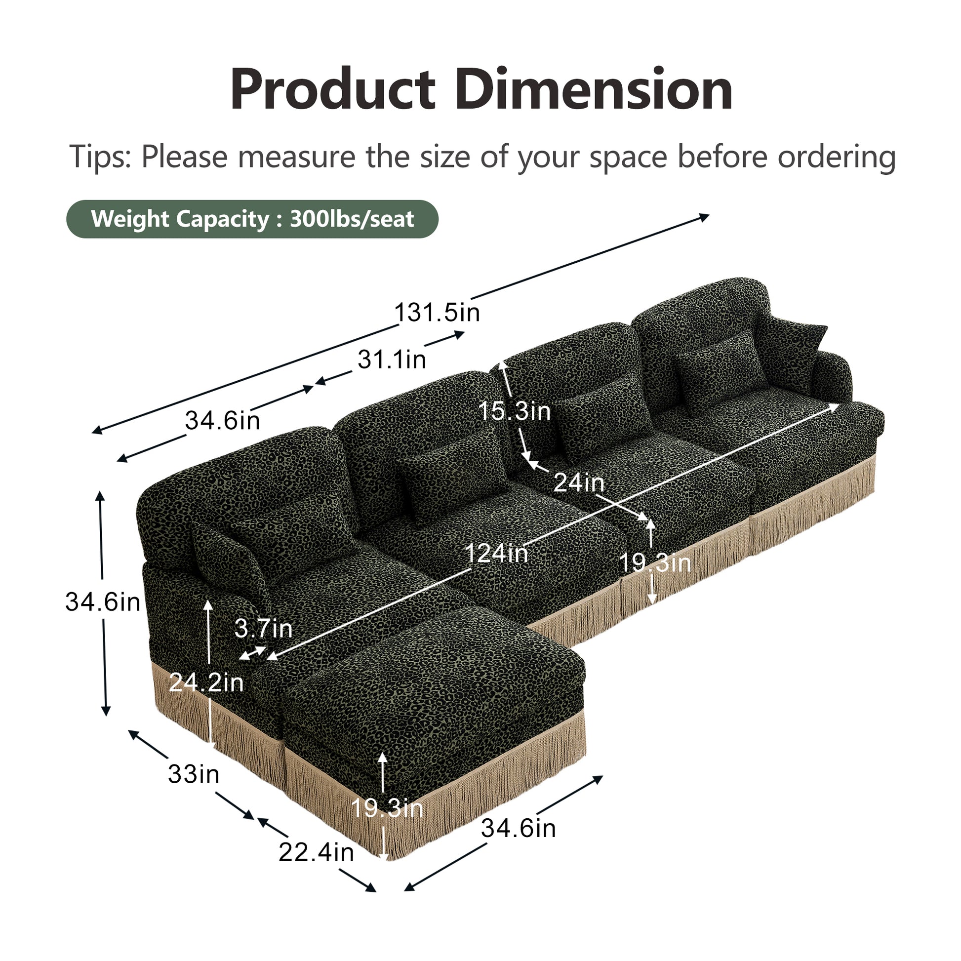 Tucson green leopard print chenille L-shaped sectional sofa with ottoman dimensions overview