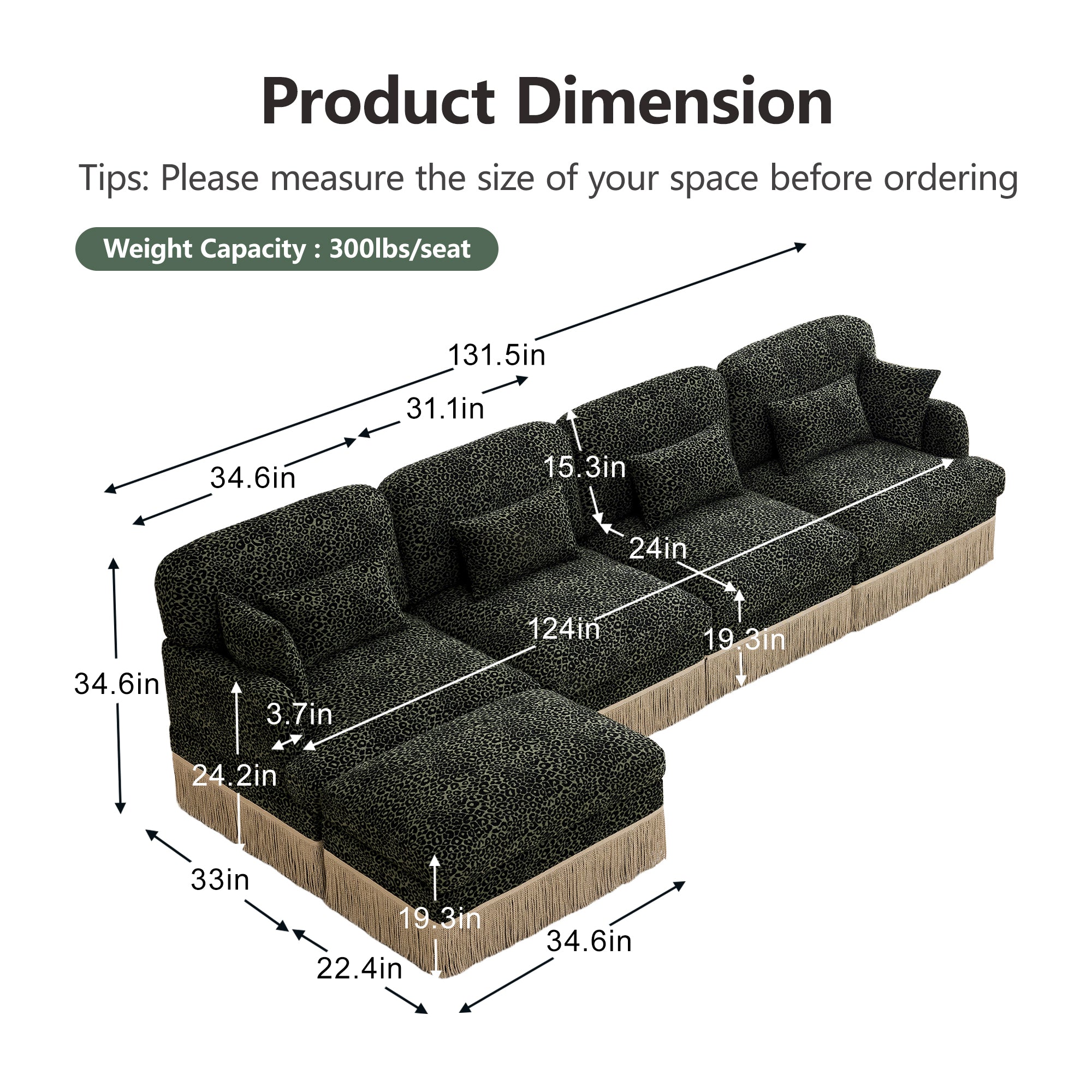 Tucson green leopard print chenille L-shaped sectional sofa with ottoman dimensions overview