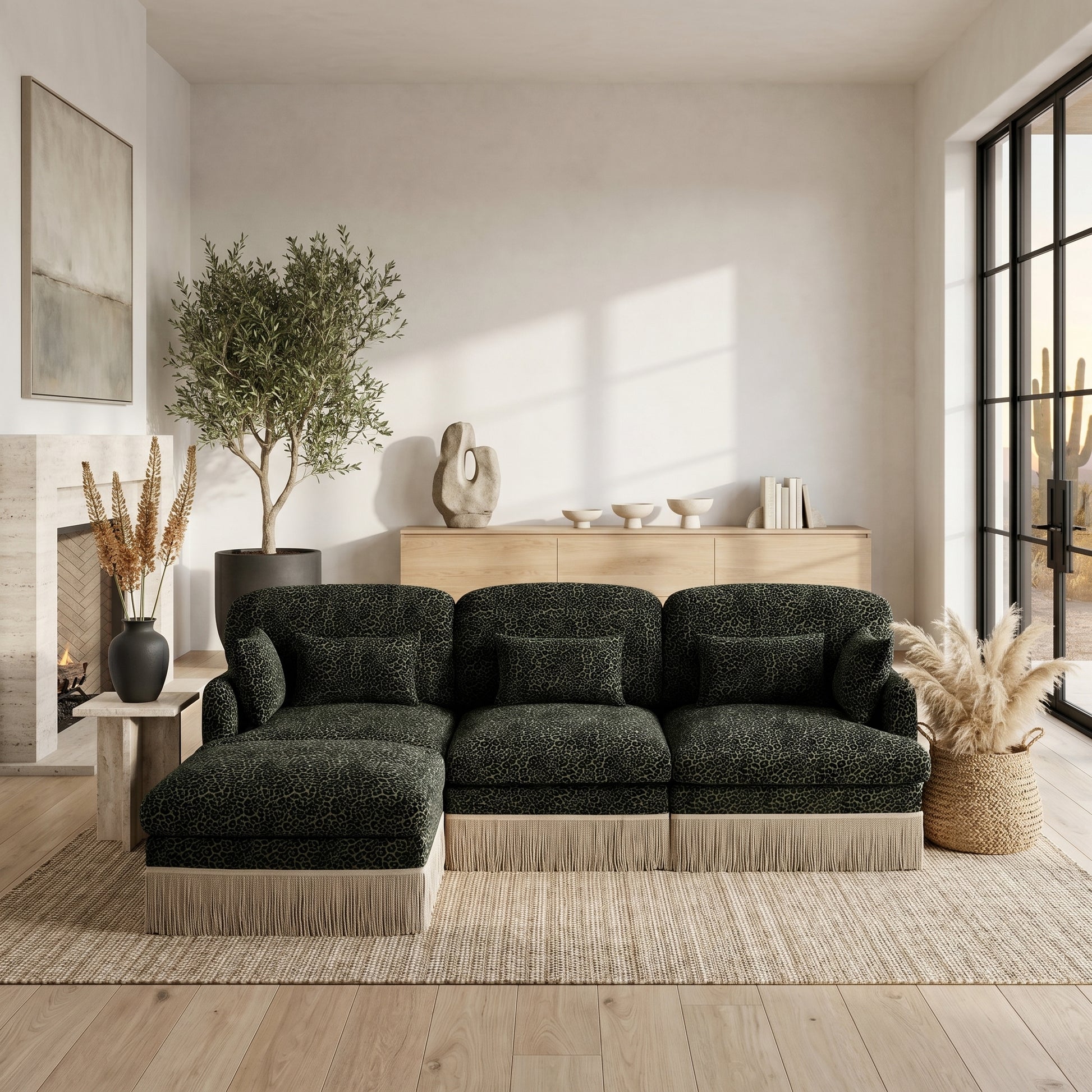 Tucson green leopard print chenille sectional sofa in cozy living room setting