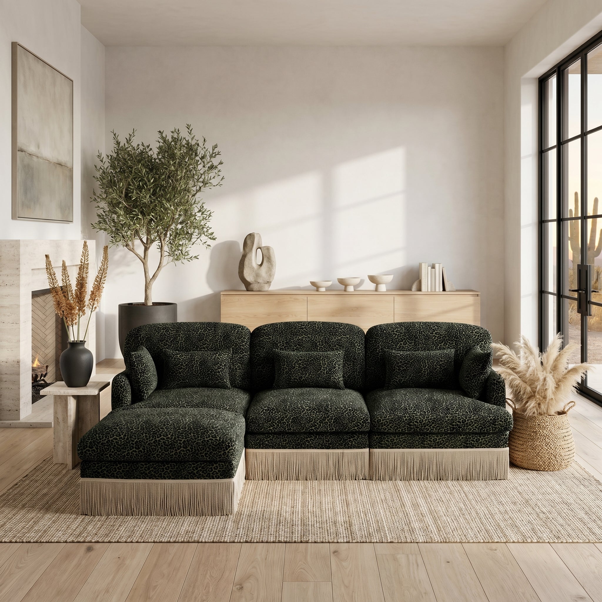 Tucson green leopard print chenille sectional sofa in cozy living room setting