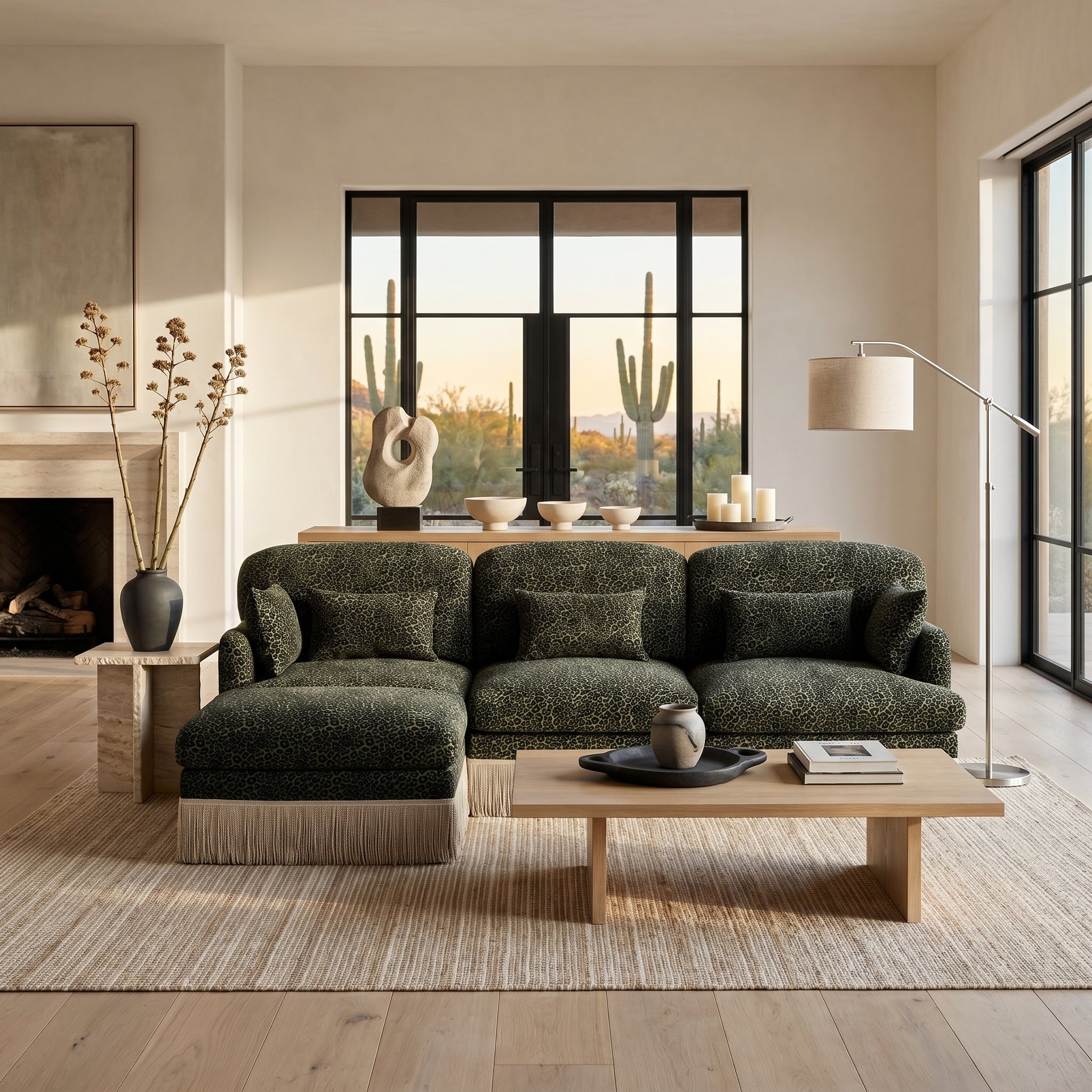 Tucson green leopard print chenille sectional sofa with fringe trim beside fireplace