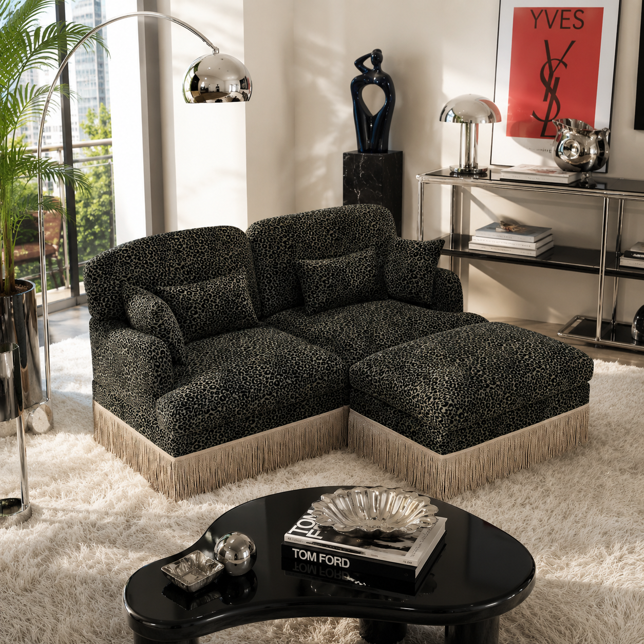 Tucson 69" Leopard Print Chenille Modular Deep Seat Loveseat Couch with Fringe Skirt
