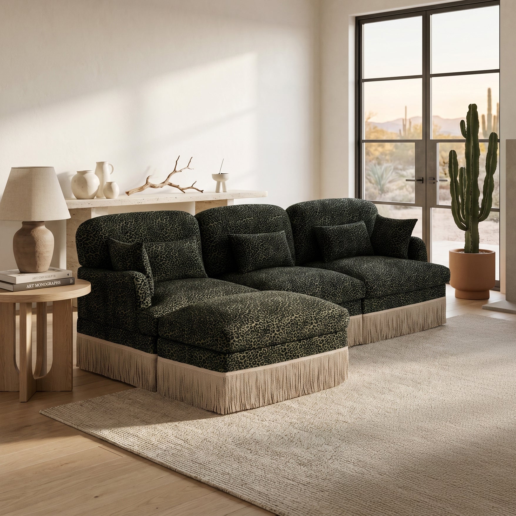Tucson green leopard print chenille L-shaped sectional sofa with ottoman in modern interior
