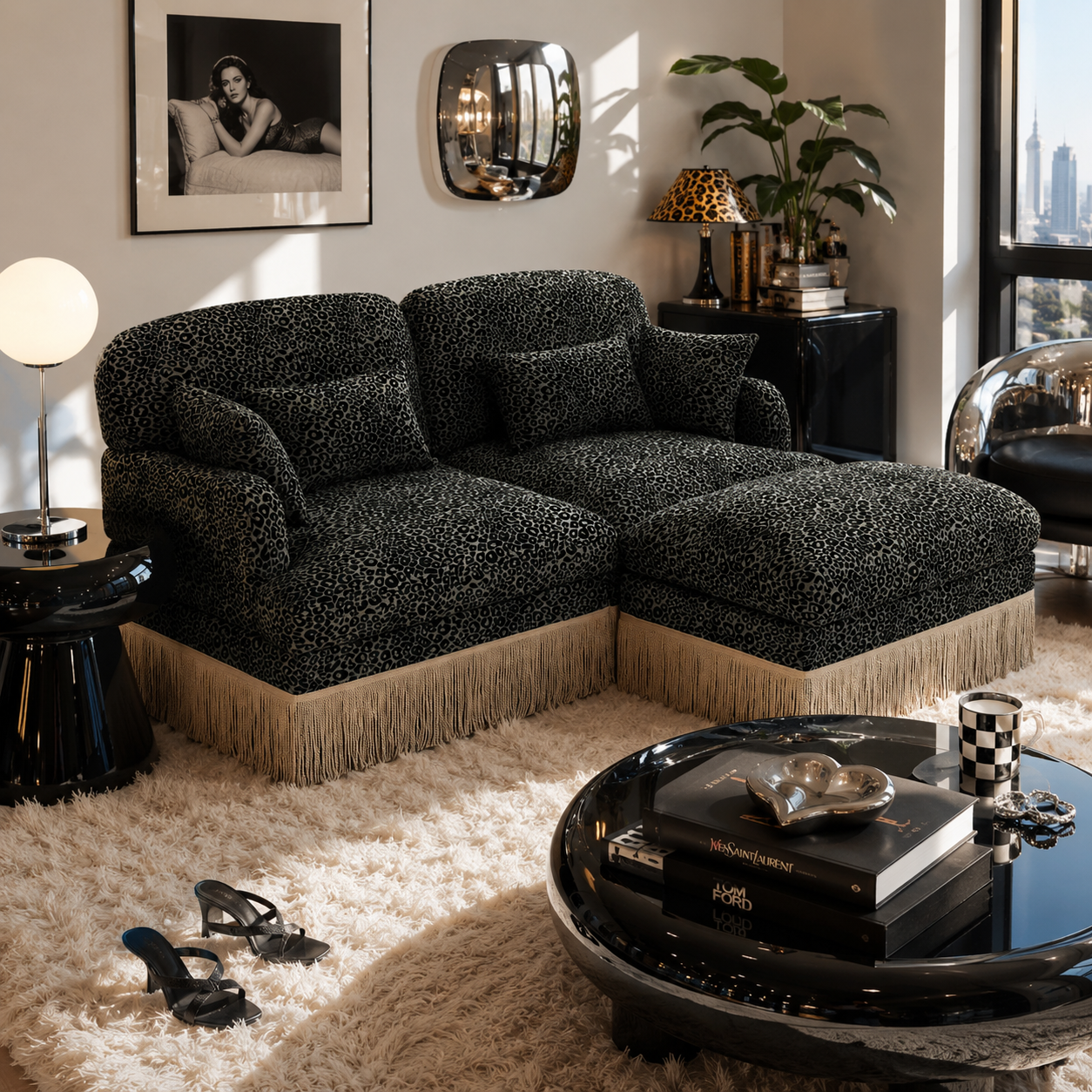 Tucson 69" Leopard Print Chenille Modular Deep Seat Loveseat Couch with Fringe Skirt