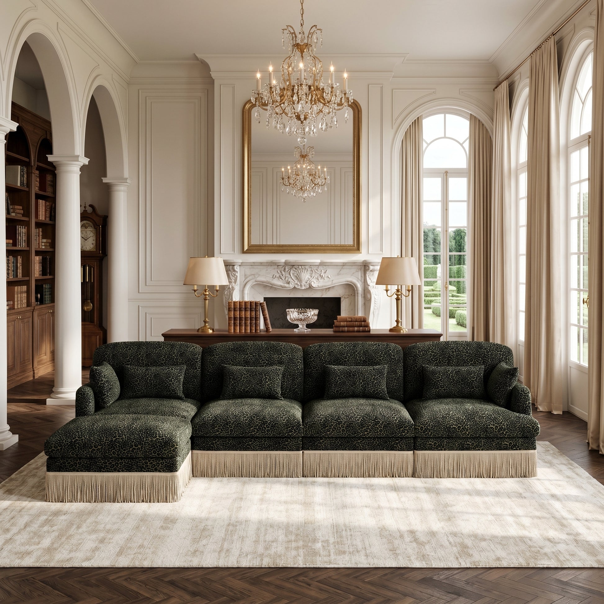 Tucson green leopard print chenille L-shaped sectional sofa with ottoman and fringe trim in elegant living room