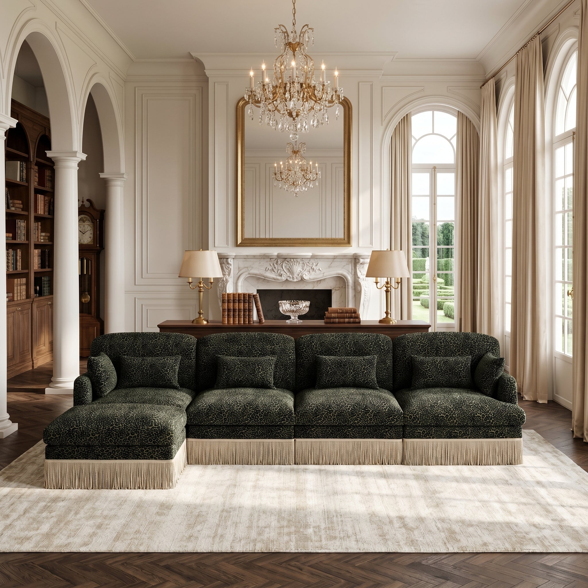 Tucson green leopard print chenille L-shaped sectional sofa with ottoman and fringe trim in elegant living room