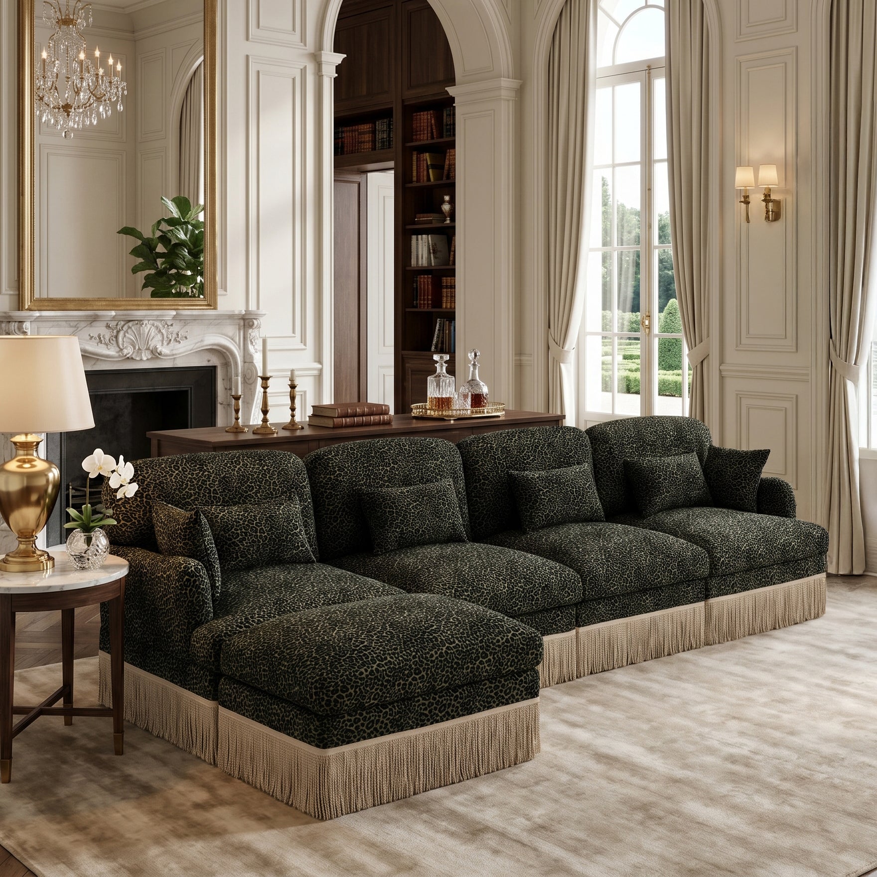 Tucson green leopard print chenille modular sectional sofa with chaise and fringe trim in luxury interior