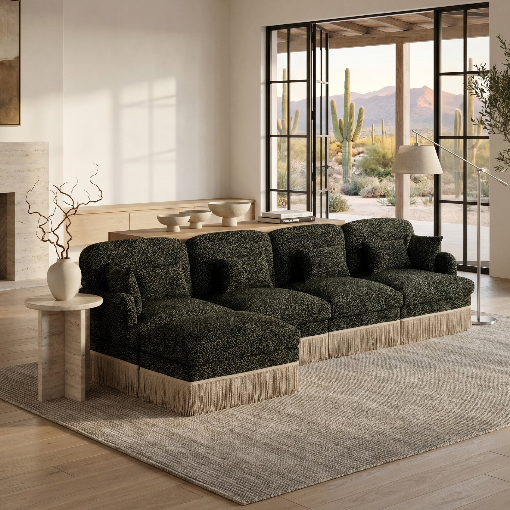 Tucson green leopard print chenille sectional sofa with ottoman and fringe trim in modern living room