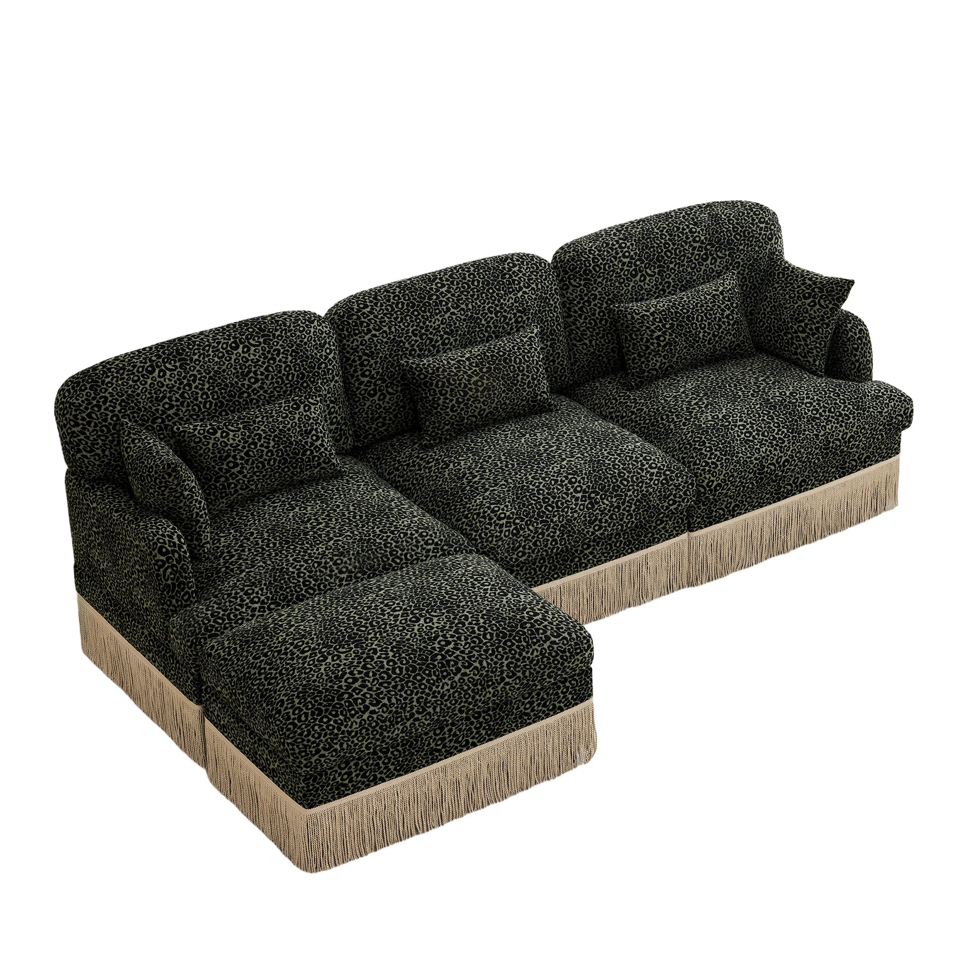 Tucson green leopard print chenille sectional sofa angled view isolated on white background