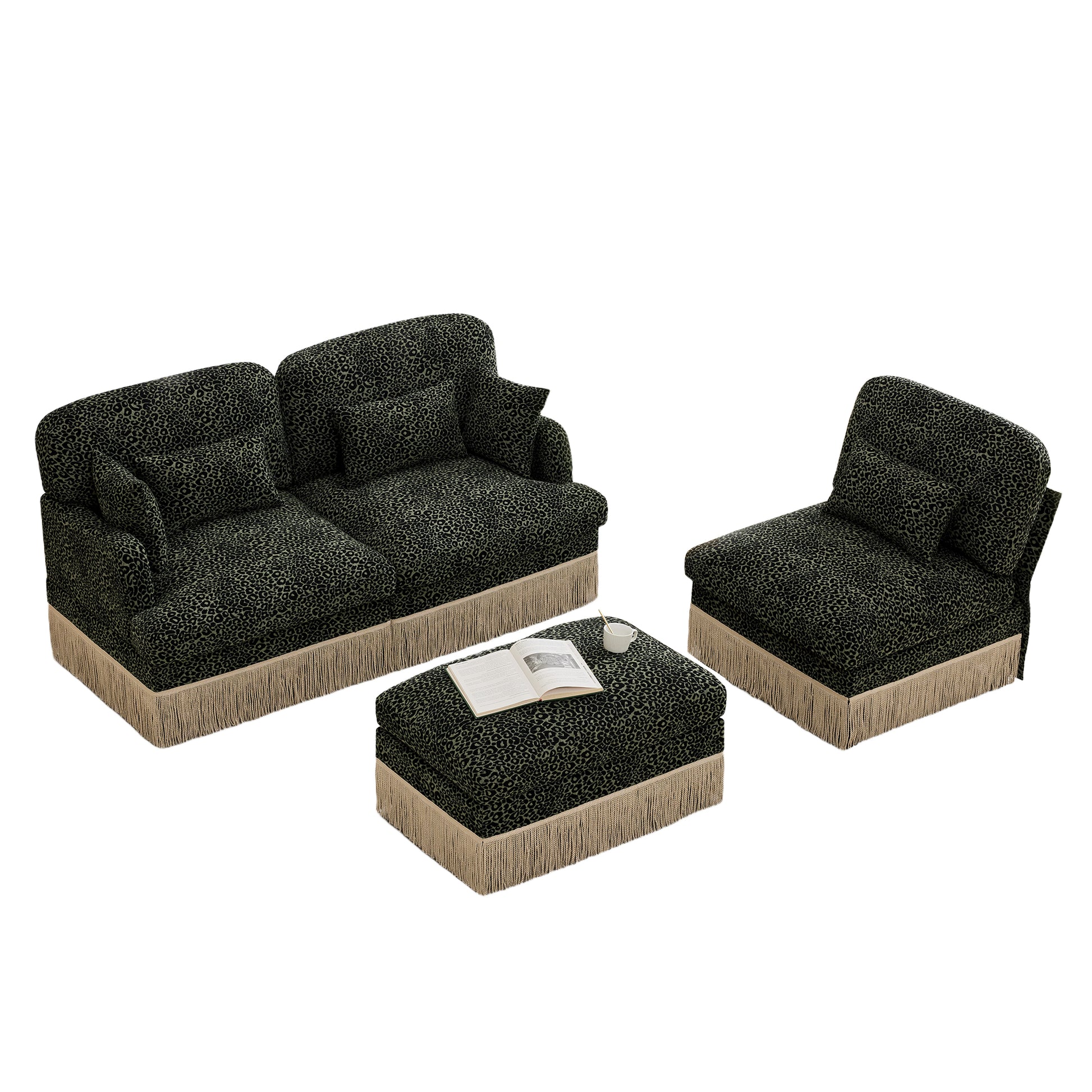 Tucson green leopard print chenille sectional sofa modular pieces isolated on white background