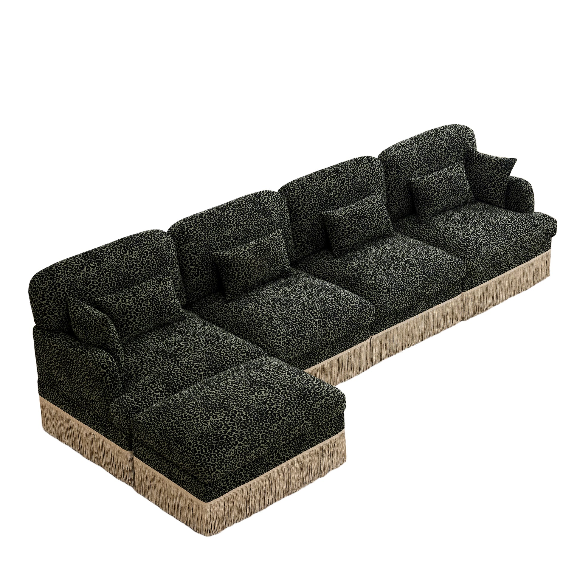 Tucson green leopard print chenille modular sectional sofa with ottoman isolated on white background