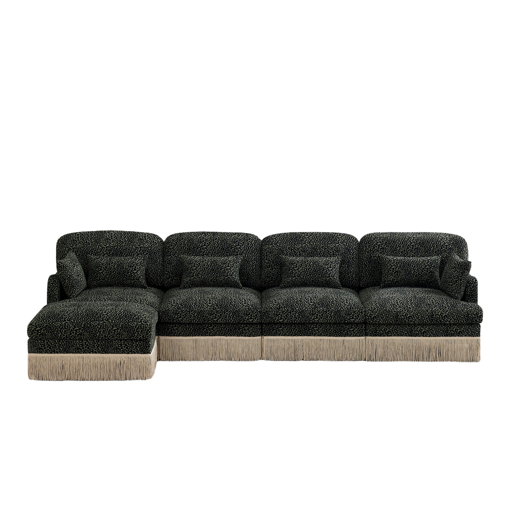 Tucson green leopard print chenille L-shaped sectional sofa front view isolated on white background
