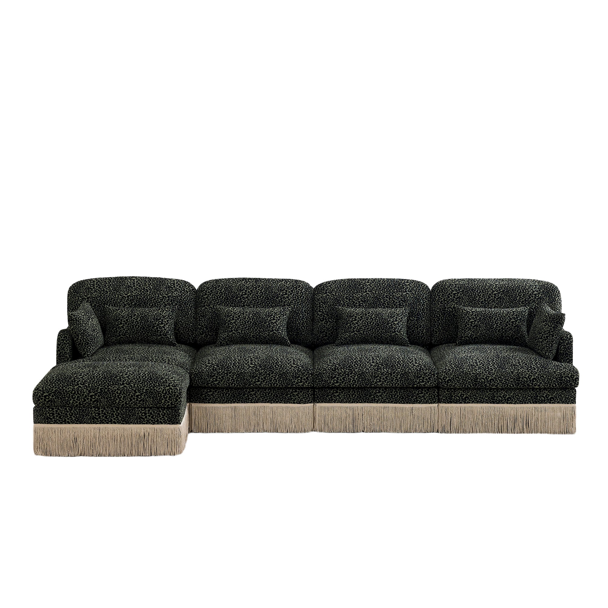Tucson green leopard print chenille L-shaped sectional sofa front view isolated on white background