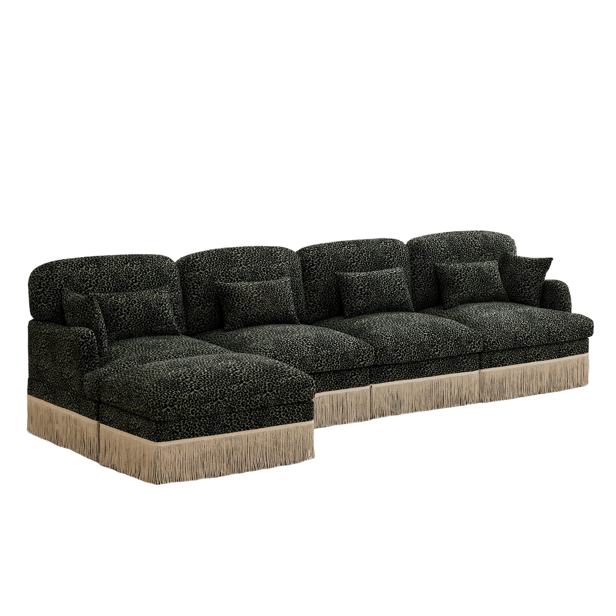 ucson green leopard print chenille sectional sofa angled view isolated on white background