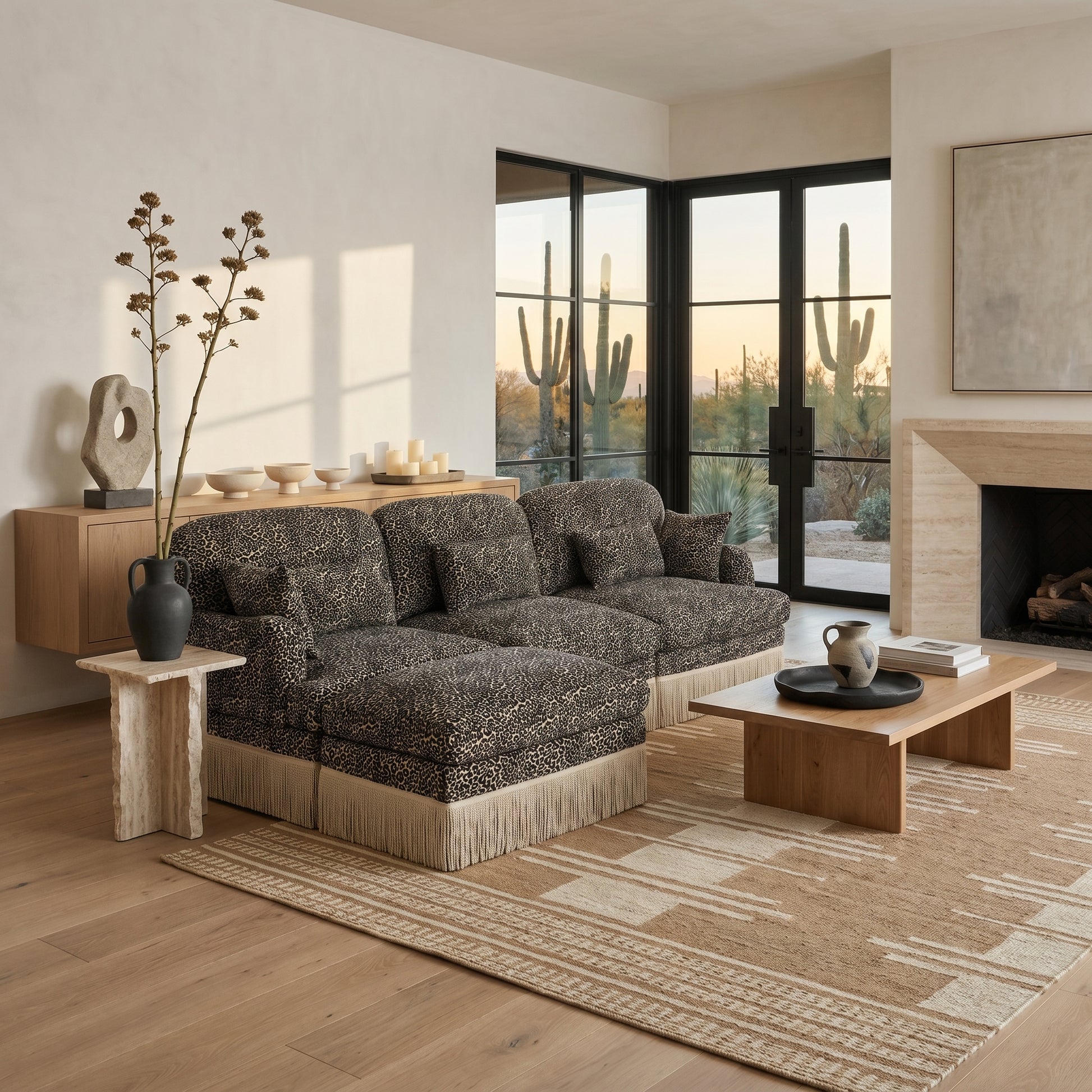 Tucson khaki leopard print chenille sectional sofa in modern living room setting