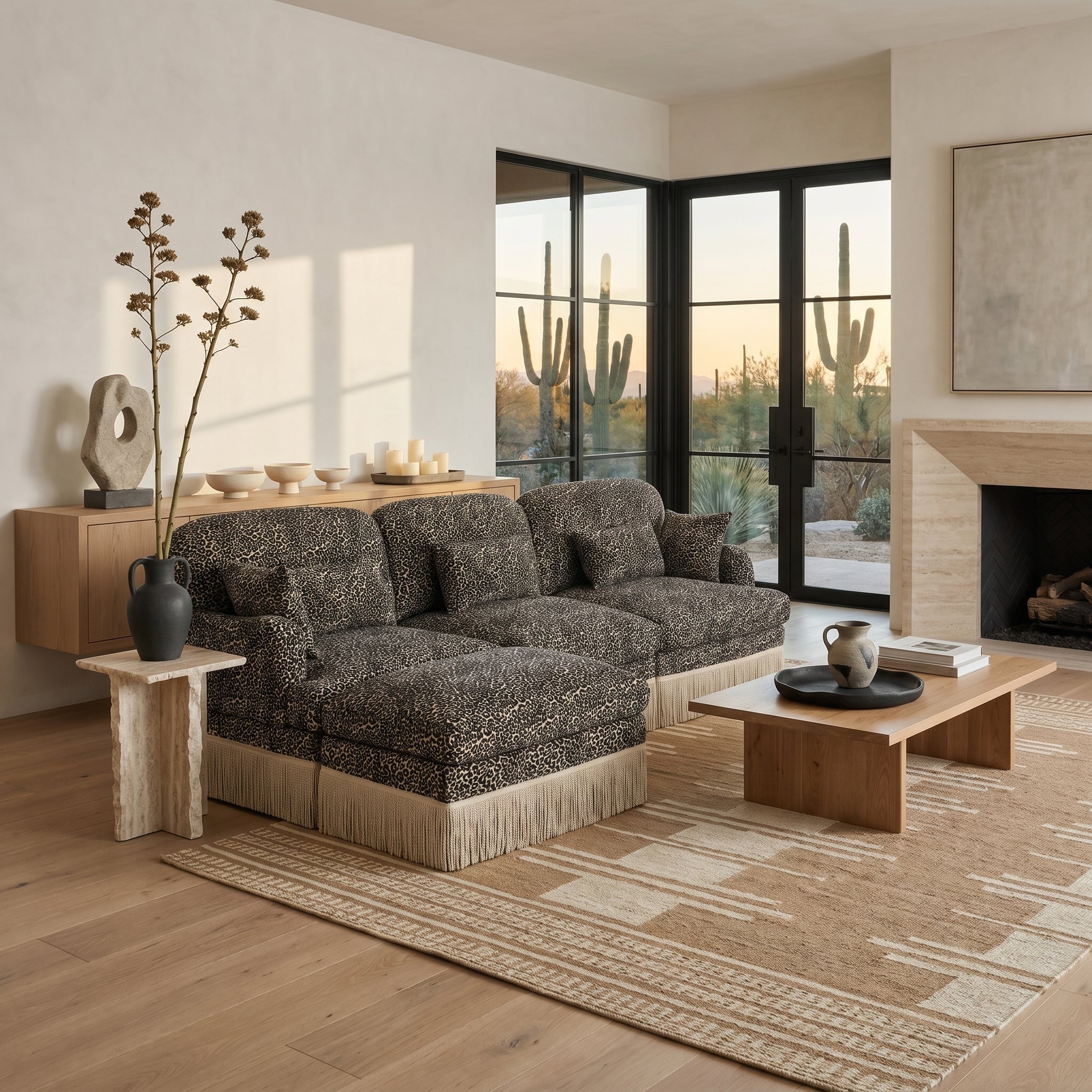 Tucson khaki leopard print chenille sectional sofa in modern living room setting