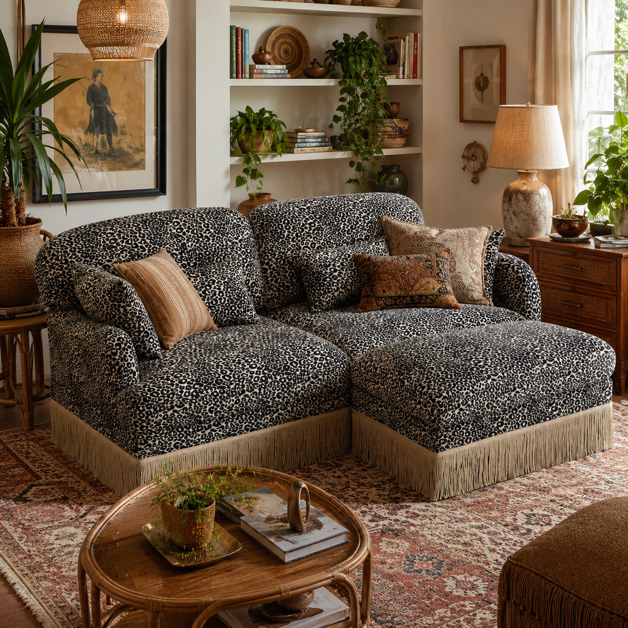 Tucson 69" Leopard Print Chenille Modular Deep Seat Loveseat Couch with Fringe Skirt