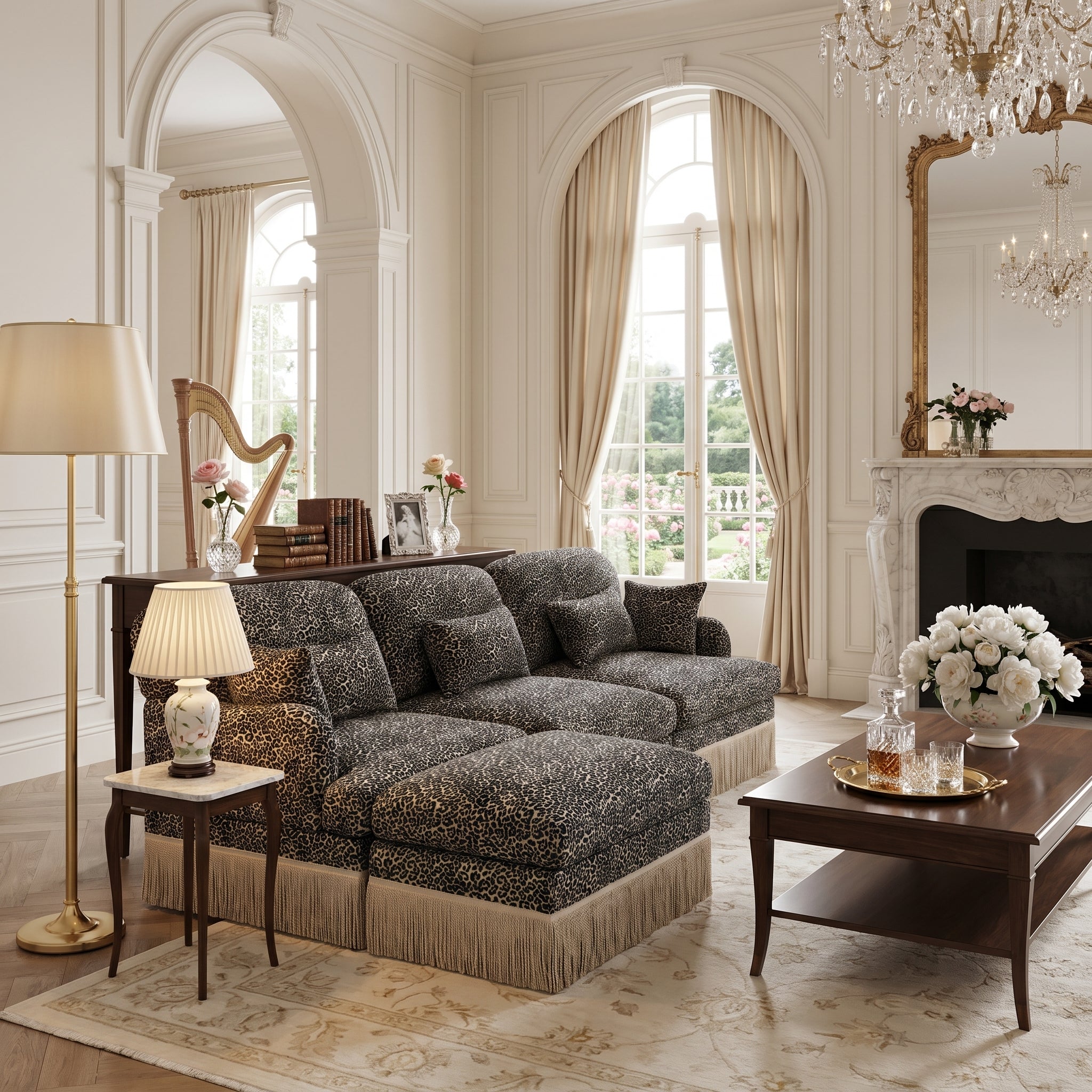 Tucson khaki leopard print chenille sectional sofa with fringe trim in elegant lounge