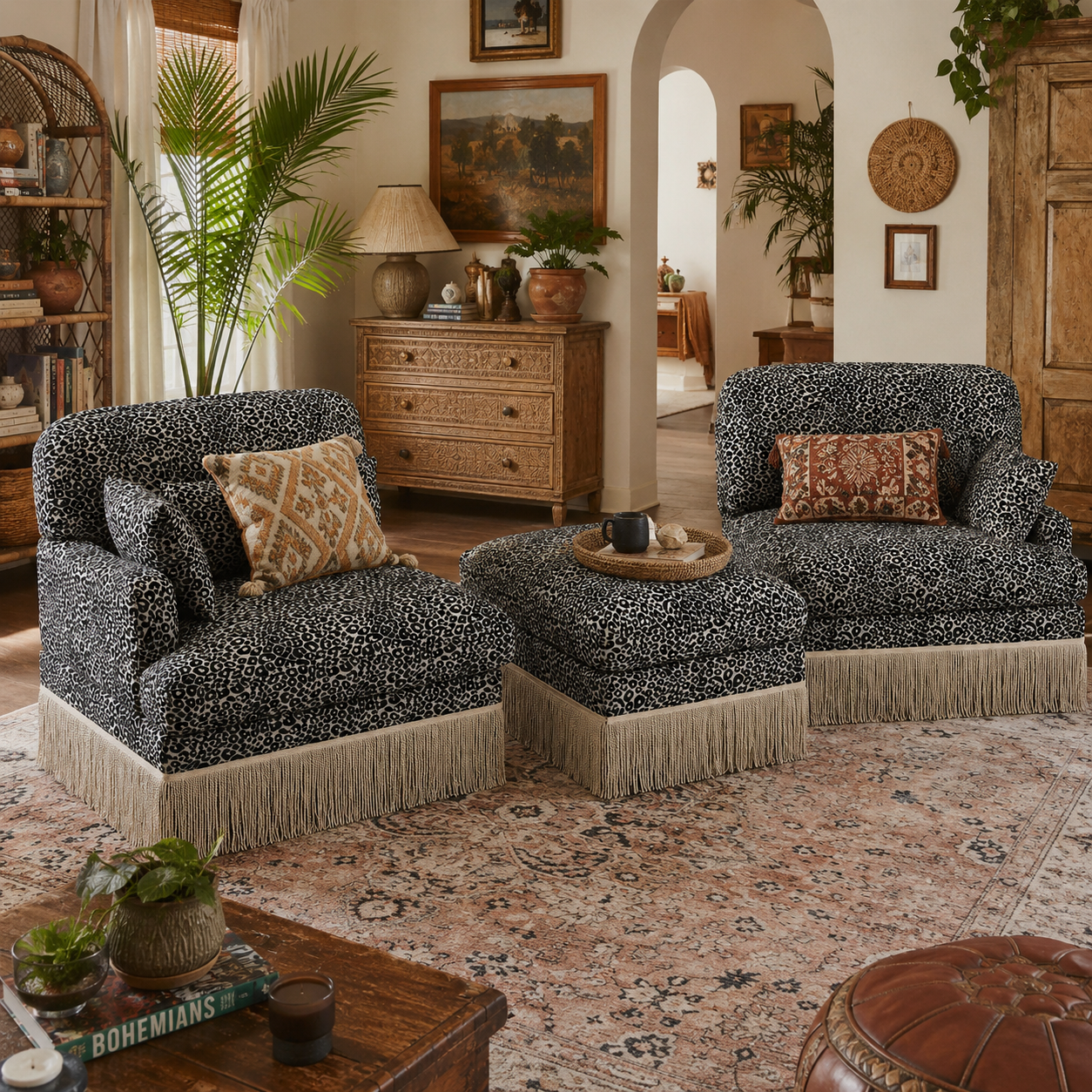 Tucson 69" Leopard Print Chenille Modular Deep Seat Loveseat Couch with Fringe Skirt