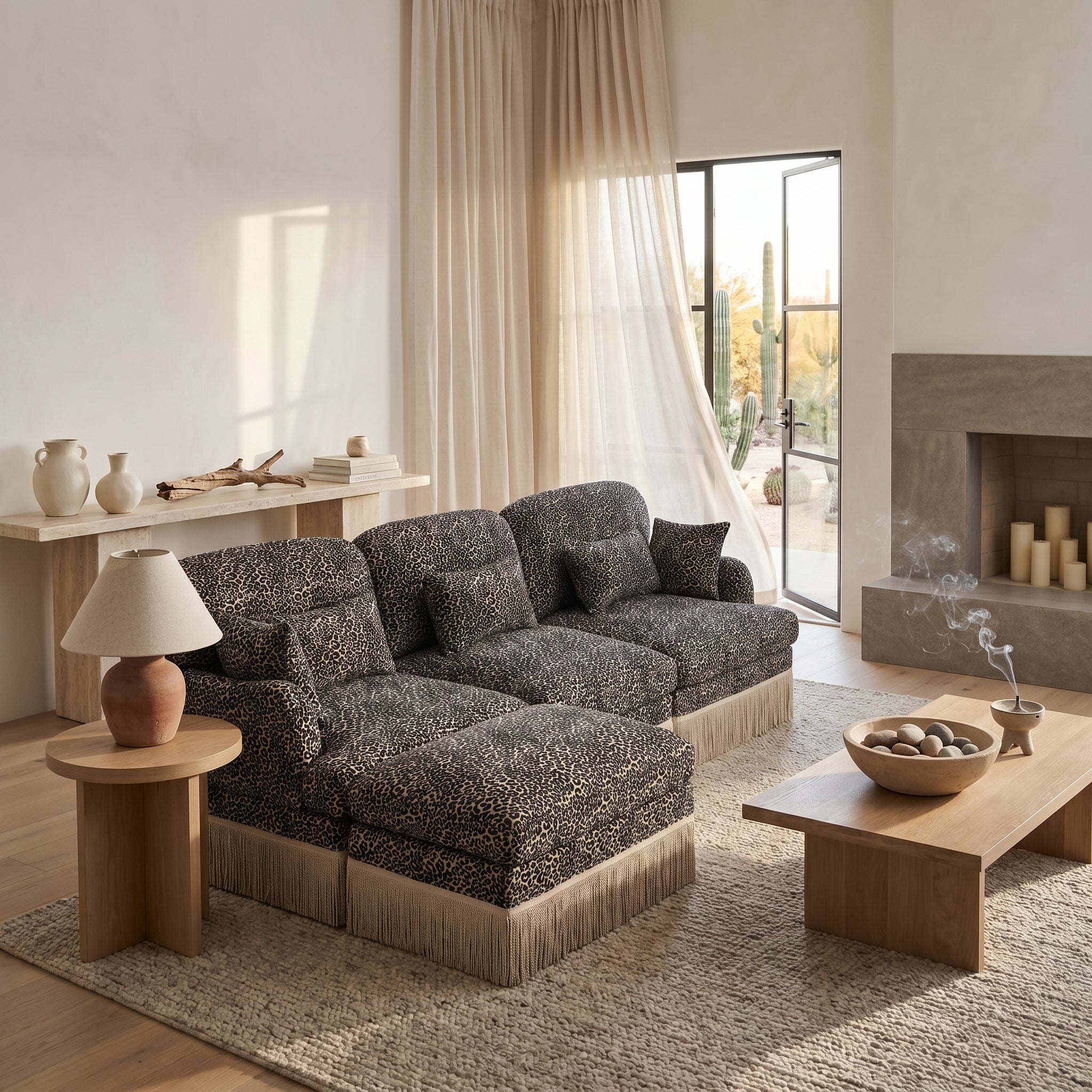 Tucson khaki leopard print chenille L-shaped sectional sofa beside fireplace