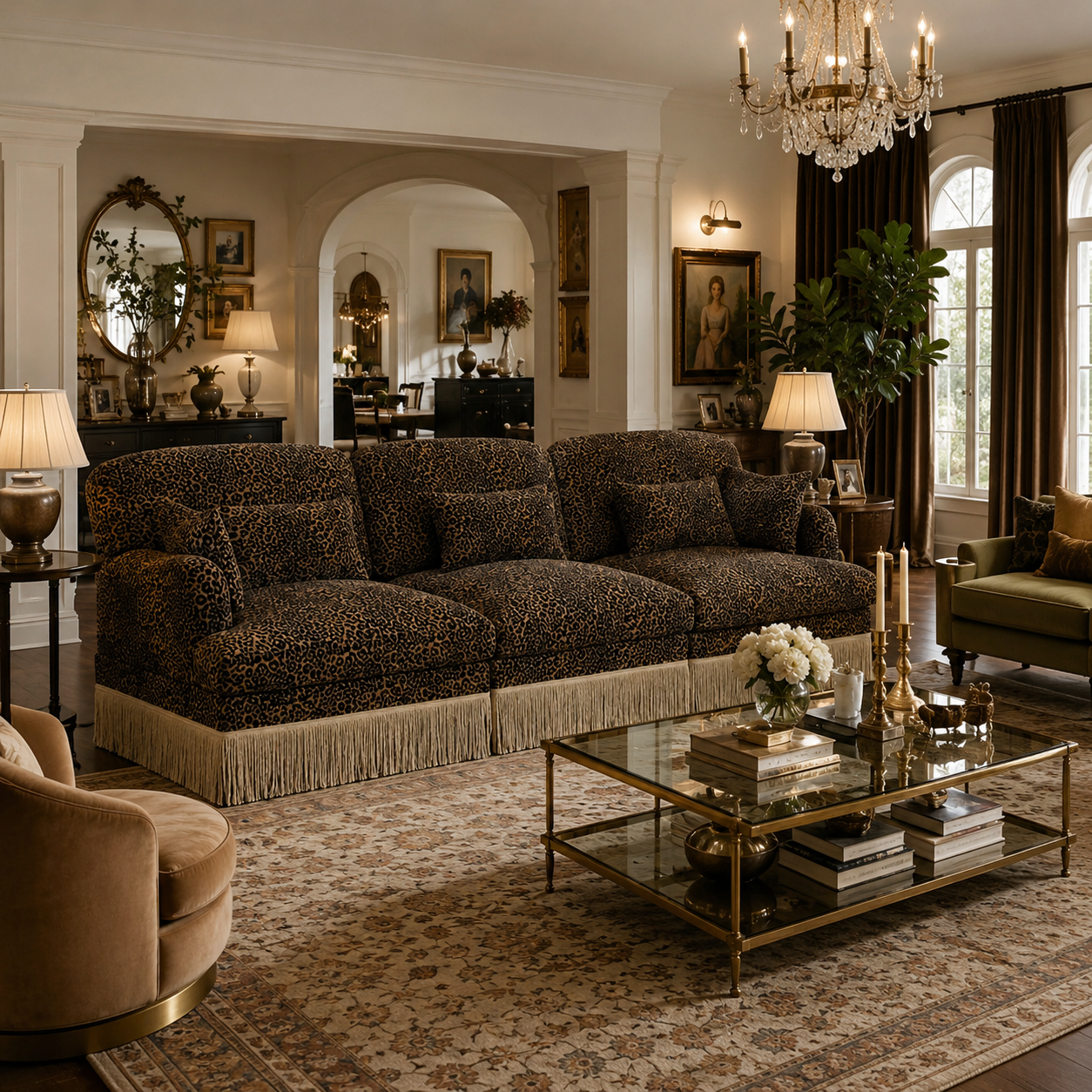 Tucson 100" Leopard Print Chenille 3-Seater Modular Sofa with Fringe Skirt