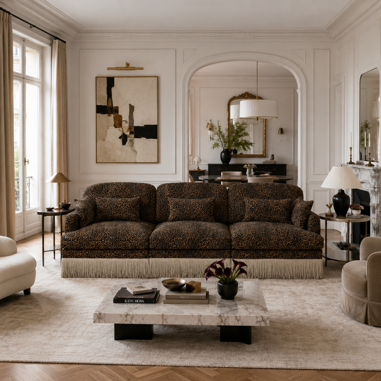 Tucson 100" Leopard Print Chenille 3-Seater Modular Sofa with Fringe Skirt