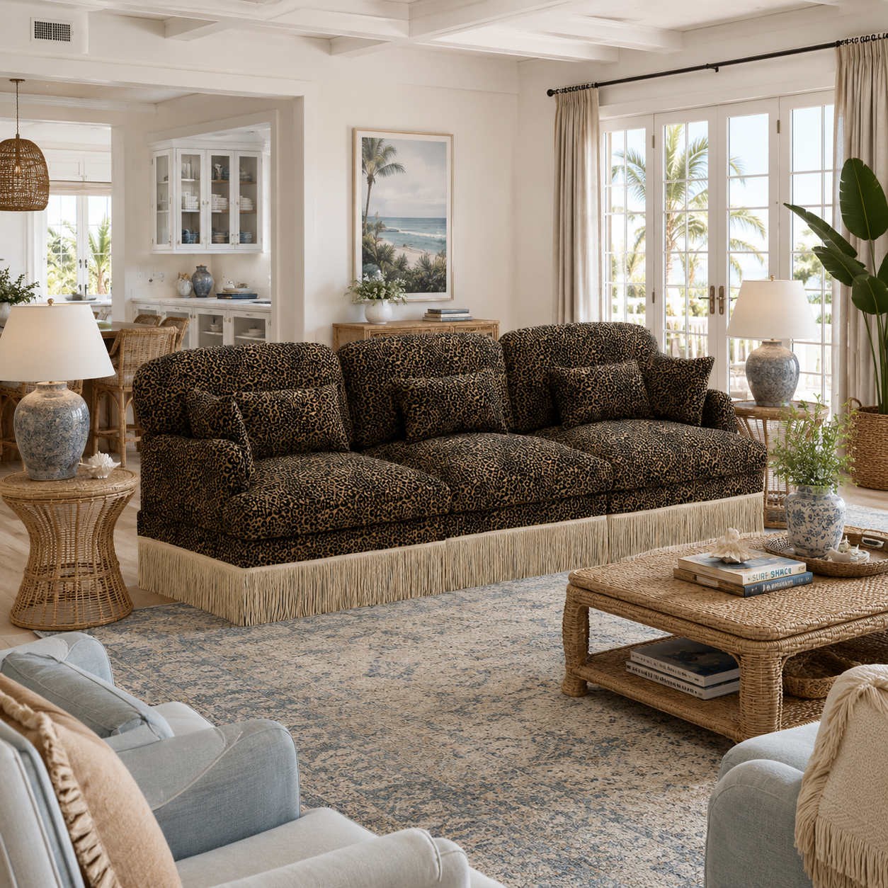 Tucson 100" Leopard Print Chenille 3-Seater Modular Sofa with Fringe Skirt