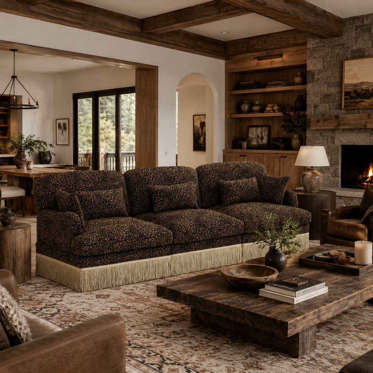 Tucson 100" Leopard Print Chenille 3-Seater Modular Sofa with Fringe Skirt