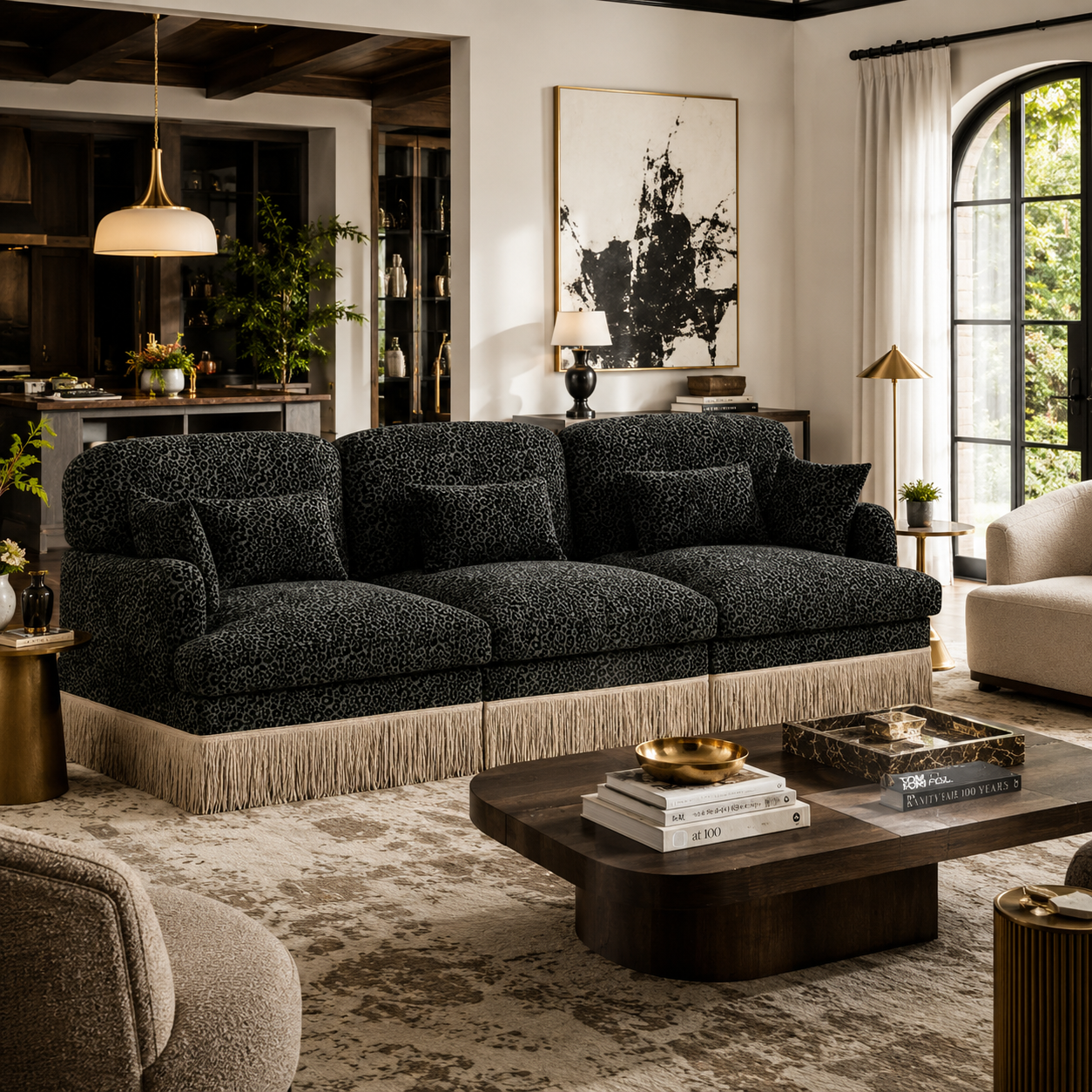 Tucson 100" Leopard Print Chenille 3-Seater Modular Sofa with Fringe Skirt