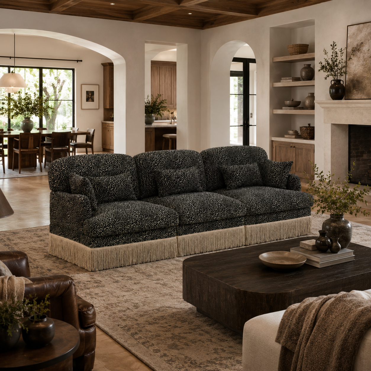 Tucson 100" Leopard Print Chenille 3-Seater Modular Sofa with Fringe Skirt